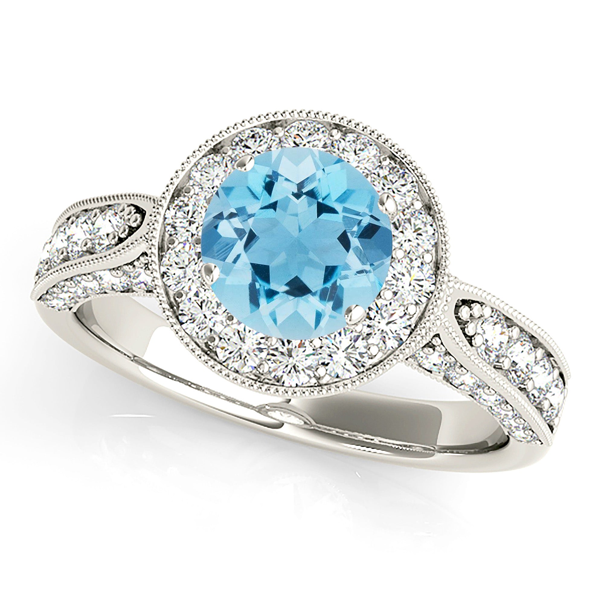 1.10 ct. Genuine Aquamarine Ring With 0.75 ctw. Diamond Milgrain Halo And 3D Diamond Band | Round Blue Aquamarine Halo Ring-VIRABYANI