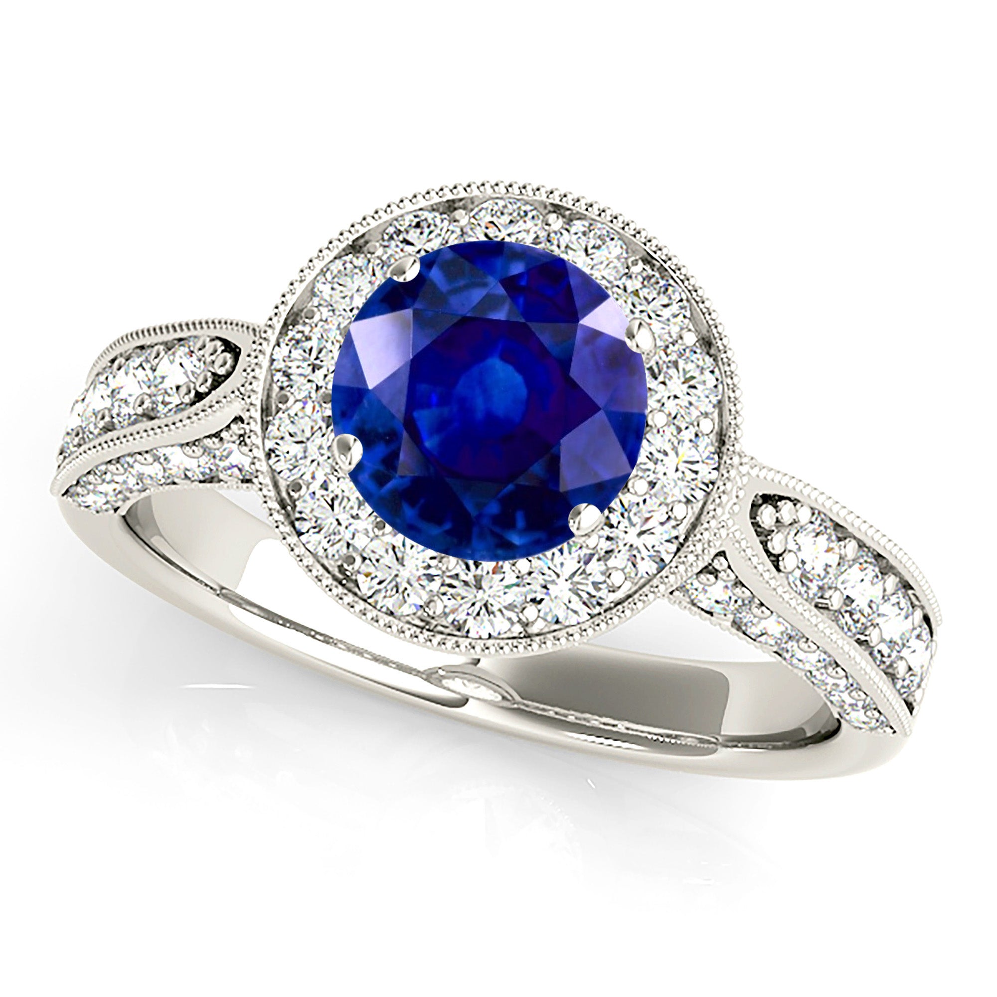 1.35 ct. Genuine Blue Sapphire Milgrain Halo Ring With 0.75 ctw. Side and Accent Diamonds-VIRABYANI