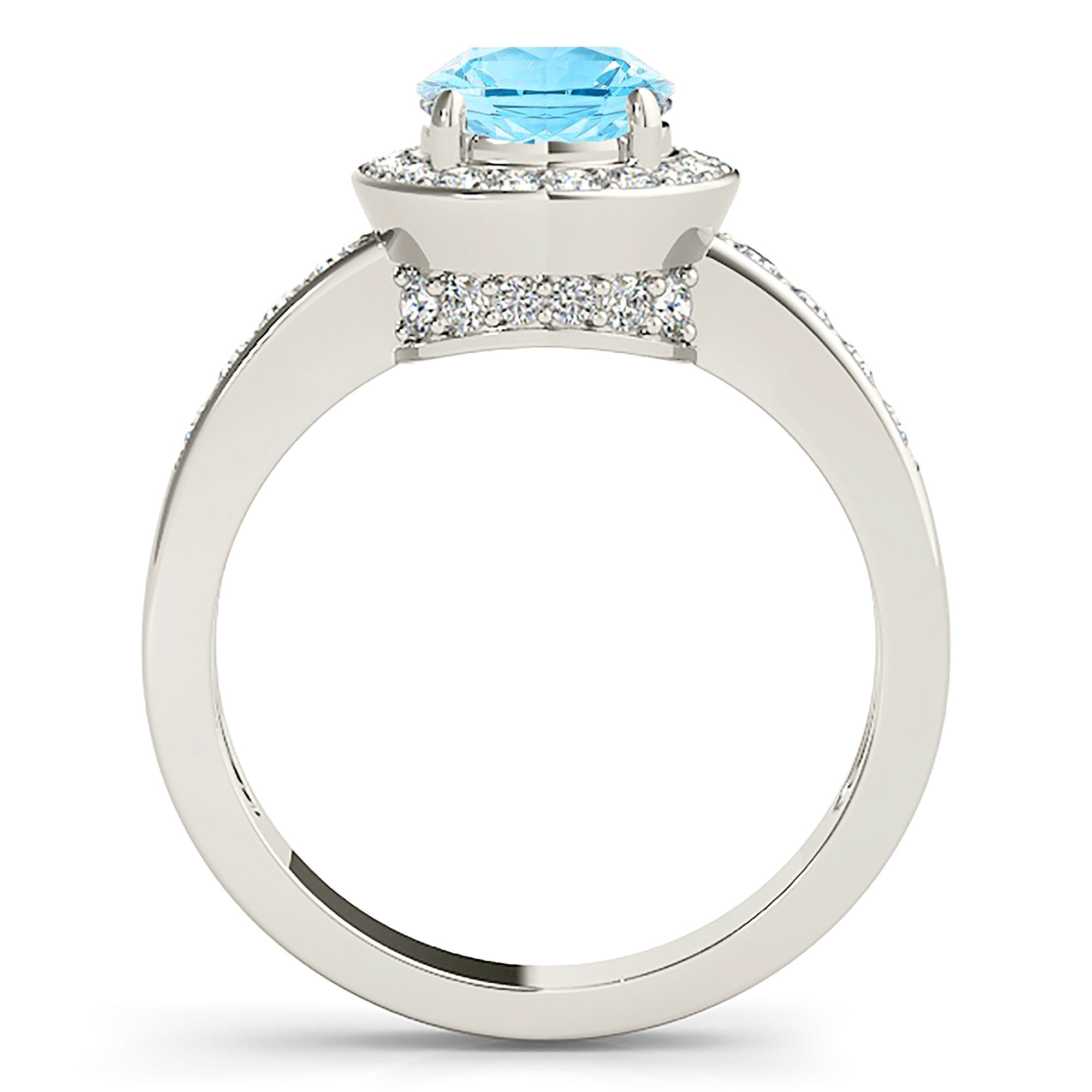 1.75 ct. Genuine Aquamarine Ring With 0.50 ctw. Diamond Halo And Delicate Diamond Band, Diamond Bridge | Round Blue Aquamarine Halo Ring-VIRABYANI