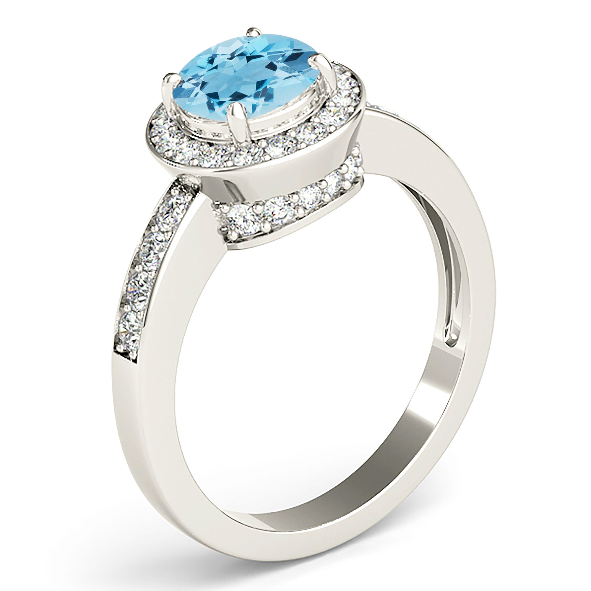 1.75 ct. Genuine Aquamarine Ring With 0.50 ctw. Diamond Halo And Delicate Diamond Band, Diamond Bridge | Round Blue Aquamarine Halo Ring-VIRABYANI