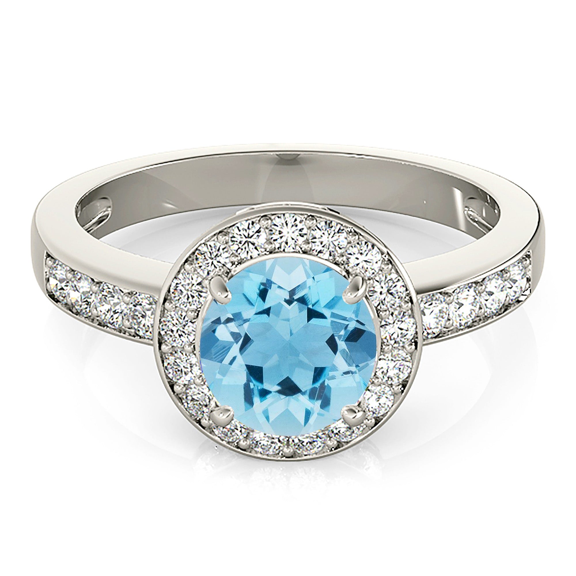 1.75 ct. Genuine Aquamarine Ring With 0.50 ctw. Diamond Halo And Delicate Diamond Band, Diamond Bridge | Round Blue Aquamarine Halo Ring-VIRABYANI