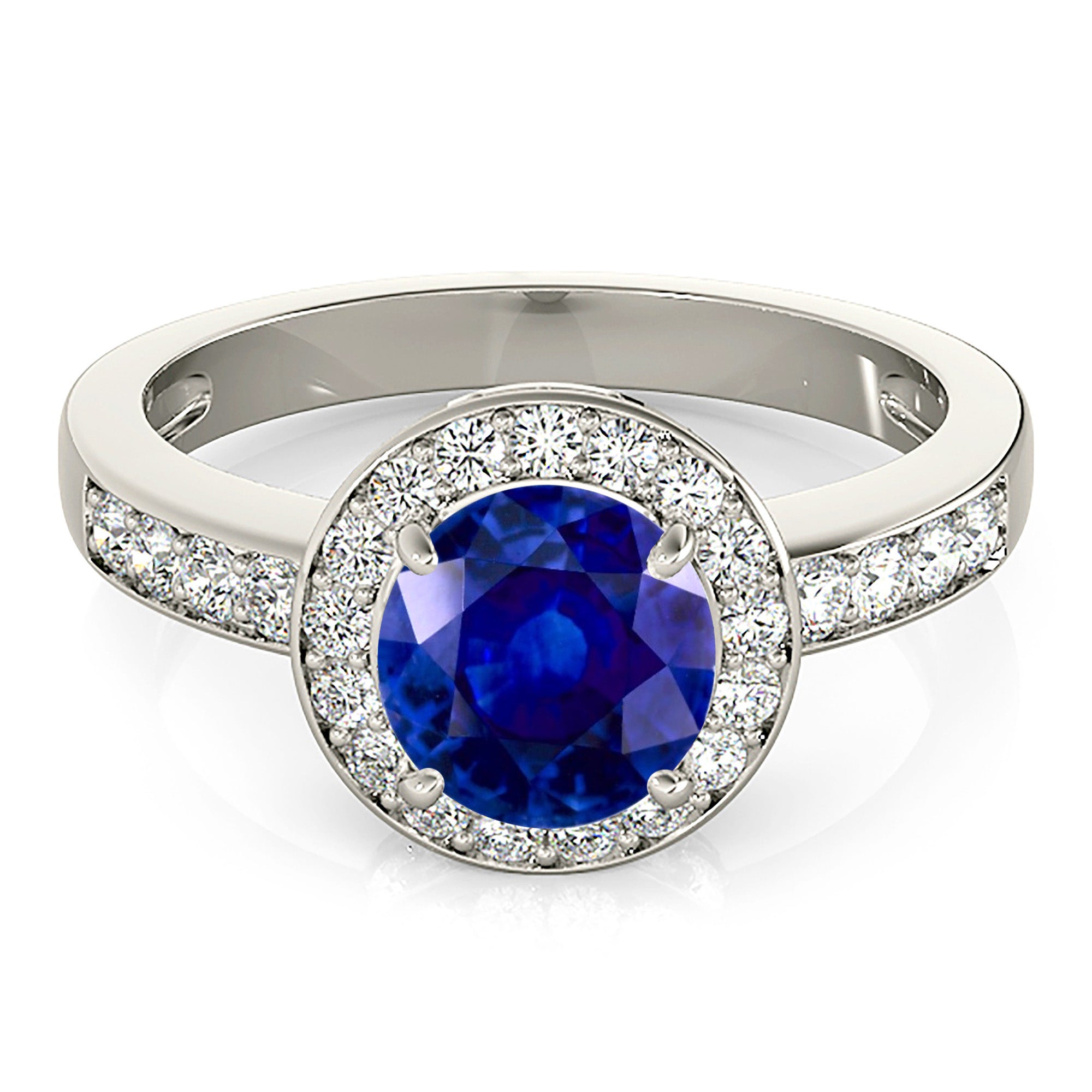 1.80 ct. Genuine Blue Sapphire Halo Engagement Ring With 0.50 ctw. Side and Under Halo Diamonds-VIRABYANI