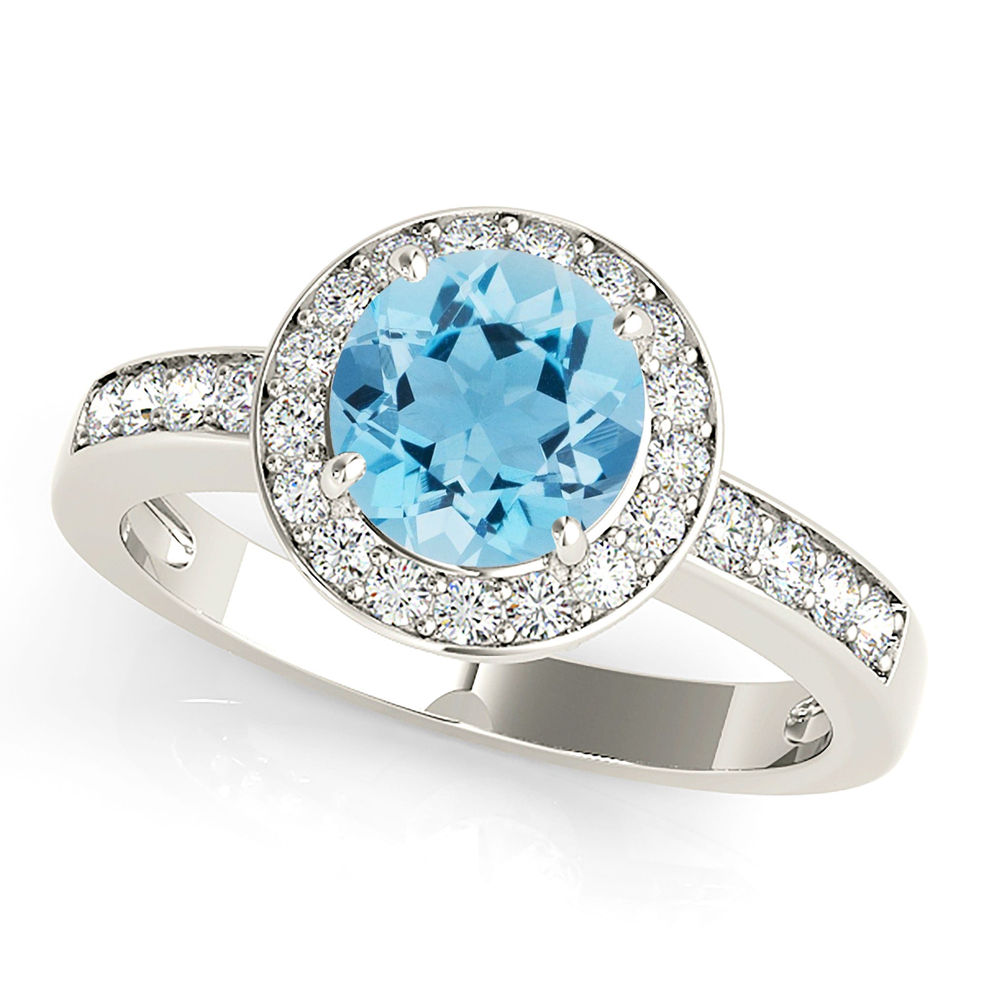 1.75 ct. Genuine Aquamarine Ring With 0.50 ctw. Diamond Halo And Delicate Diamond Band, Diamond Bridge | Round Blue Aquamarine Halo Ring-VIRABYANI