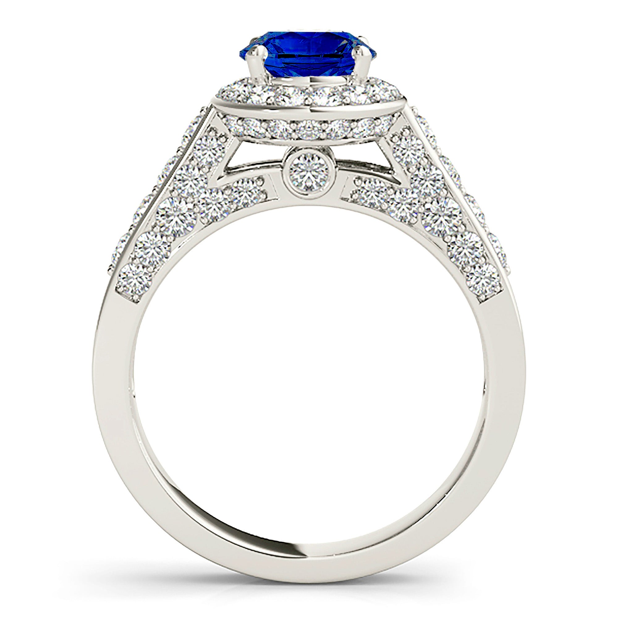 1.35 ct. Genuine Blue Sapphire Prong Set Halo Ring With 0.75 ctw. Under Halo, Accent and Side Diamonds-VIRABYANI
