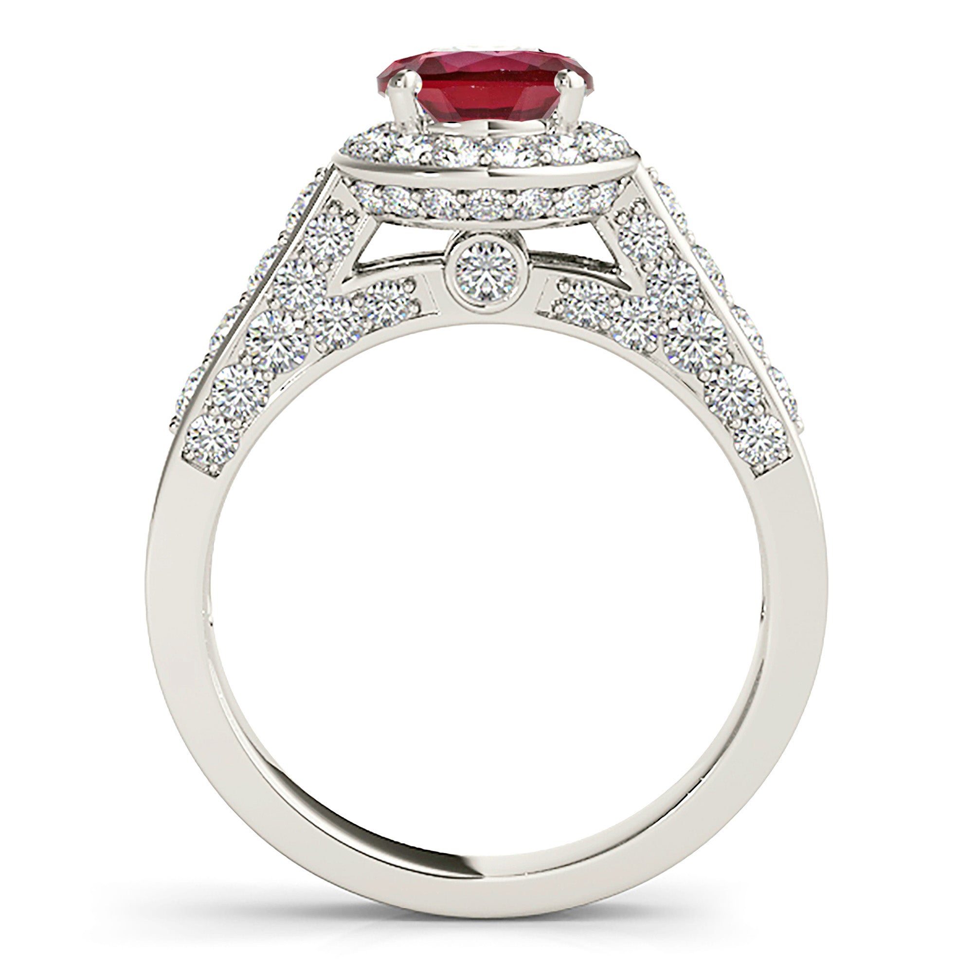 1.35 ct. Genuine Ruby Ring With 0.75 ctw. Diamond Halo And Side Accent Diamonds, Fancy Ring-VIRABYANI
