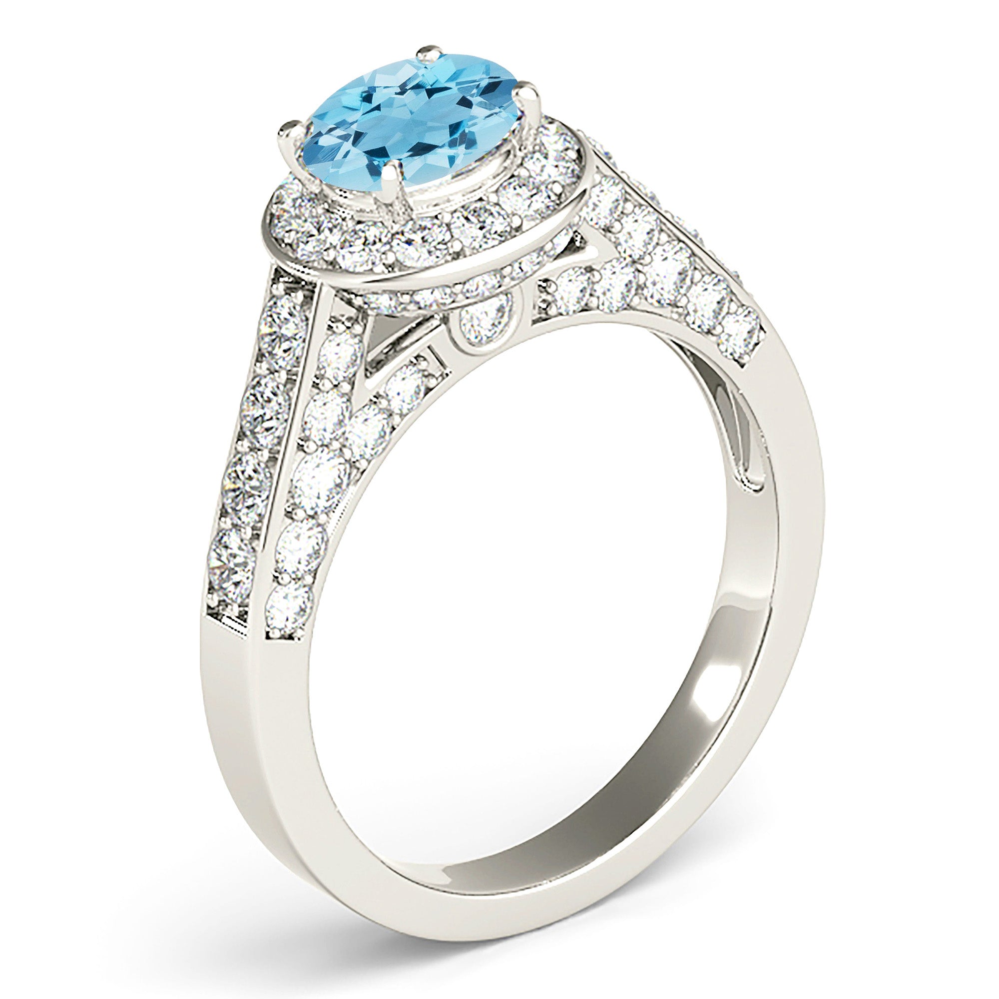 1.10 ct. Genuine Aquamarine Ring With 0.75 ctw. Diamond Halo And 3D diamond Band | Round Blue Aquamarine Halo Ring-VIRABYANI