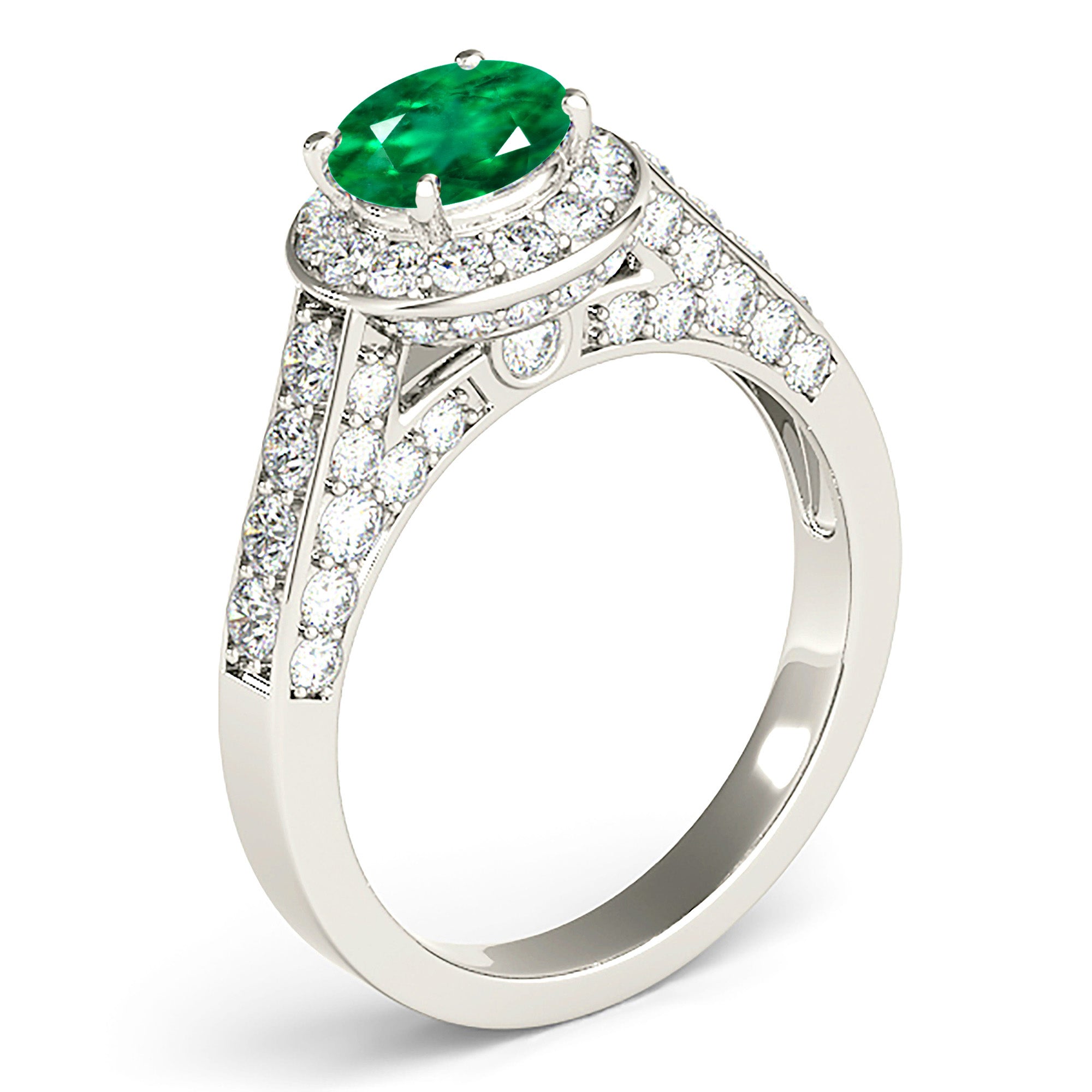 1.14 ct. Genuine Emerald Ring With 0.75 ctw. Diamond Wrap Around Halo, 3D Diamond Band-VIRABYANI