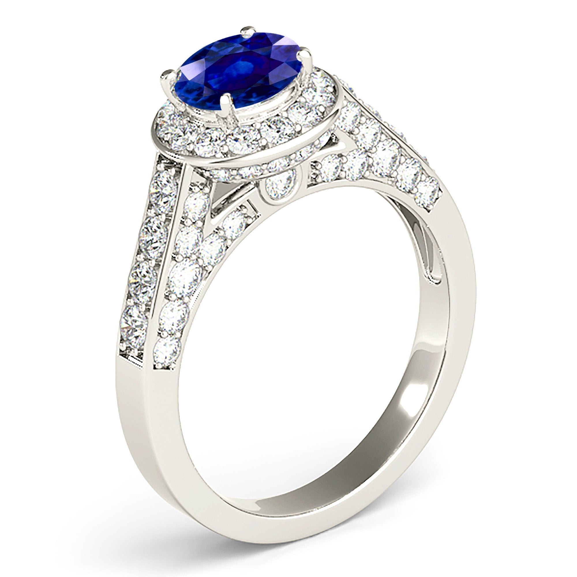 1.35 ct. Genuine Blue Sapphire Prong Set Halo Ring With 0.75 ctw. Under Halo, Accent and Side Diamonds-VIRABYANI