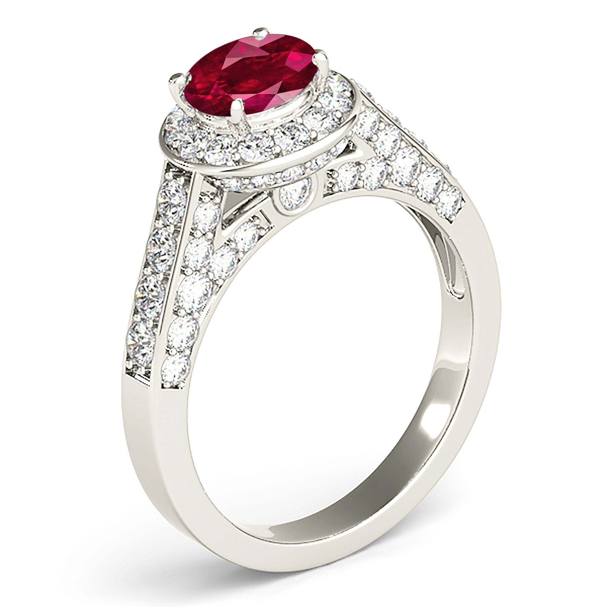 1.35 ct. Genuine Ruby Ring With 0.75 ctw. Diamond Halo And Side Accent Diamonds, Fancy Ring-VIRABYANI
