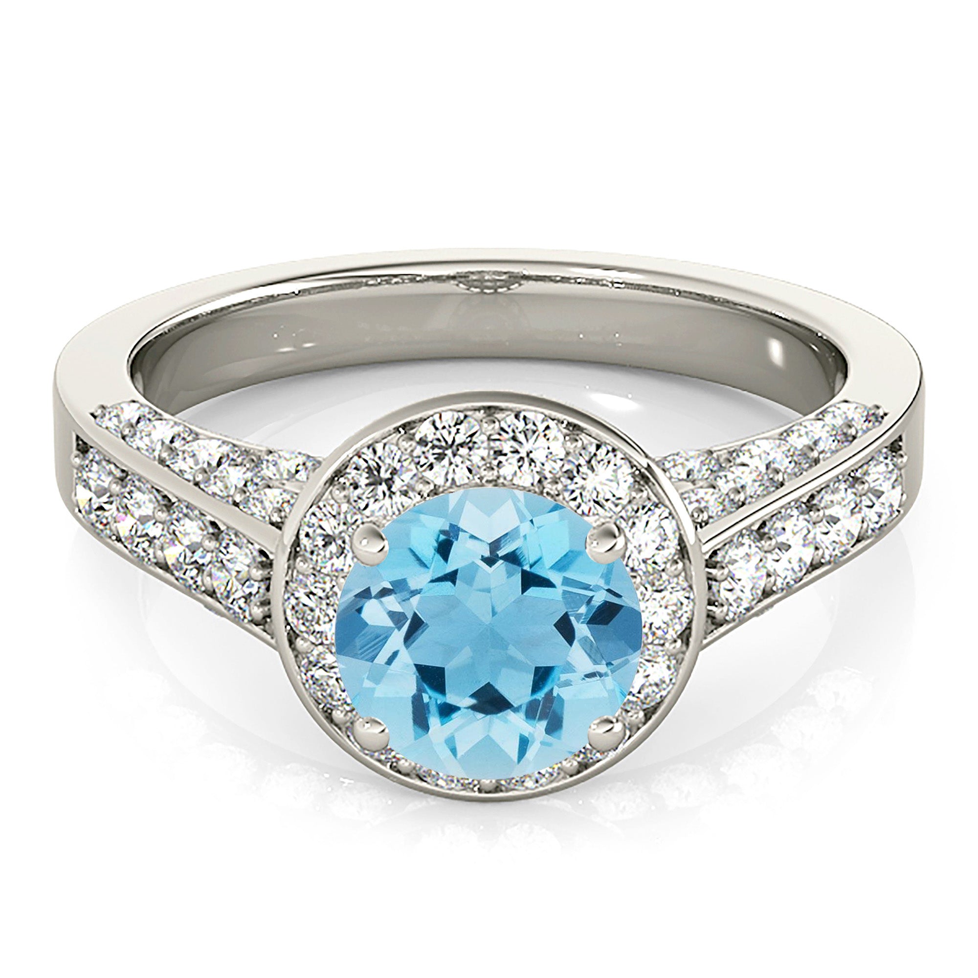 1.10 ct. Genuine Aquamarine Ring With 0.75 ctw. Diamond Halo And 3D diamond Band | Round Blue Aquamarine Halo Ring-in 14K/18K White, Yellow, Rose Gold and Platinum - Christmas Jewelry Gift -VIRABYANI