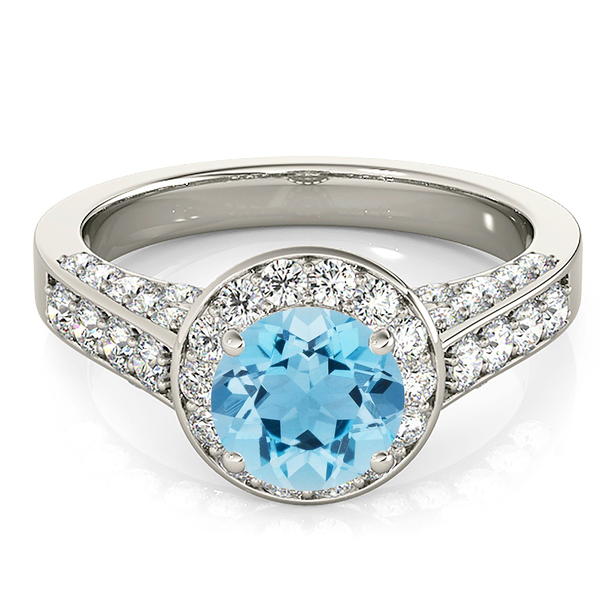 1.10 ct. Genuine Aquamarine Ring With 0.75 ctw. Diamond Halo And 3D diamond Band | Round Blue Aquamarine Halo Ring-VIRABYANI