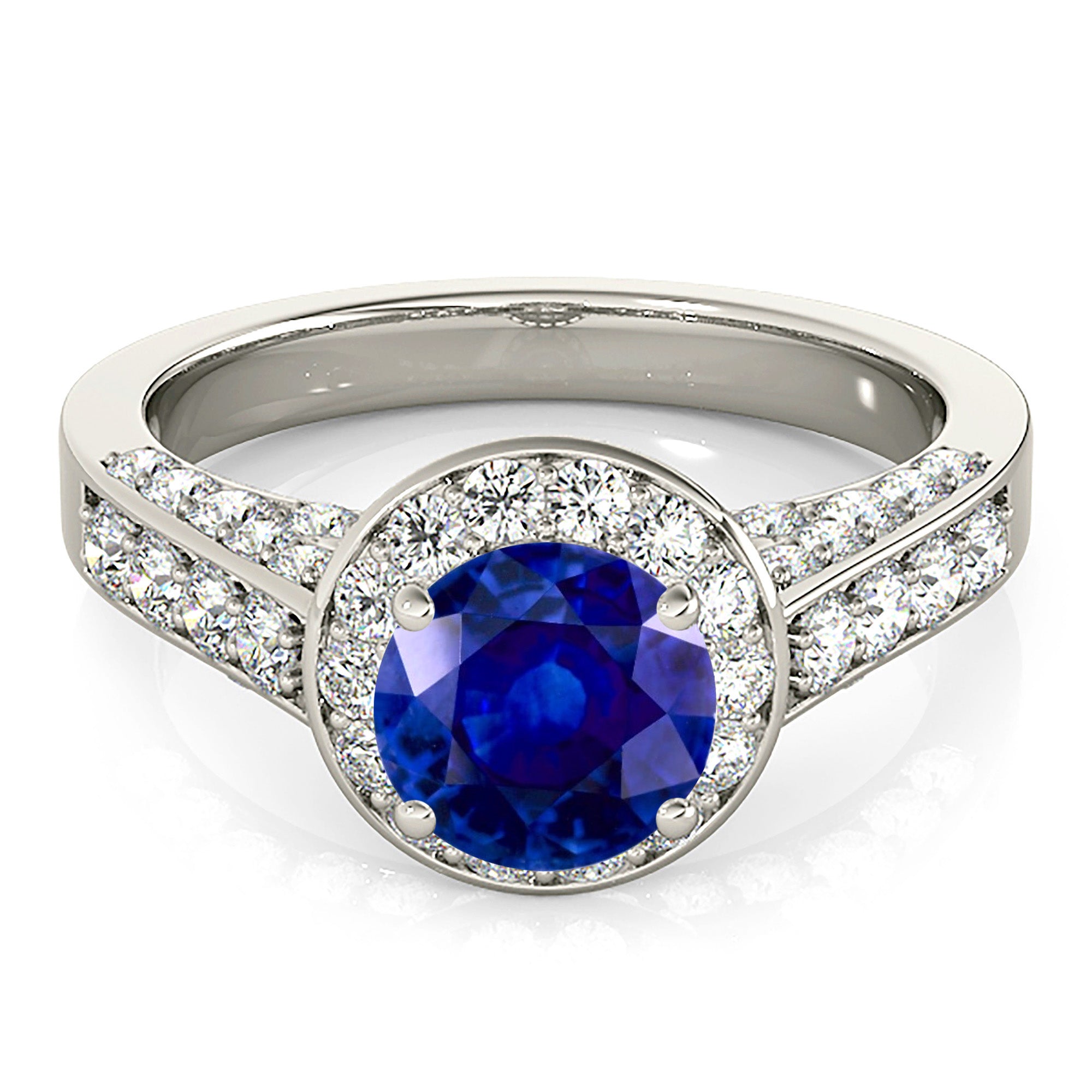 1.35 ct. Genuine Blue Sapphire Prong Set Halo Ring With 0.75 ctw. Under Halo, Accent and Side Diamonds-VIRABYANI