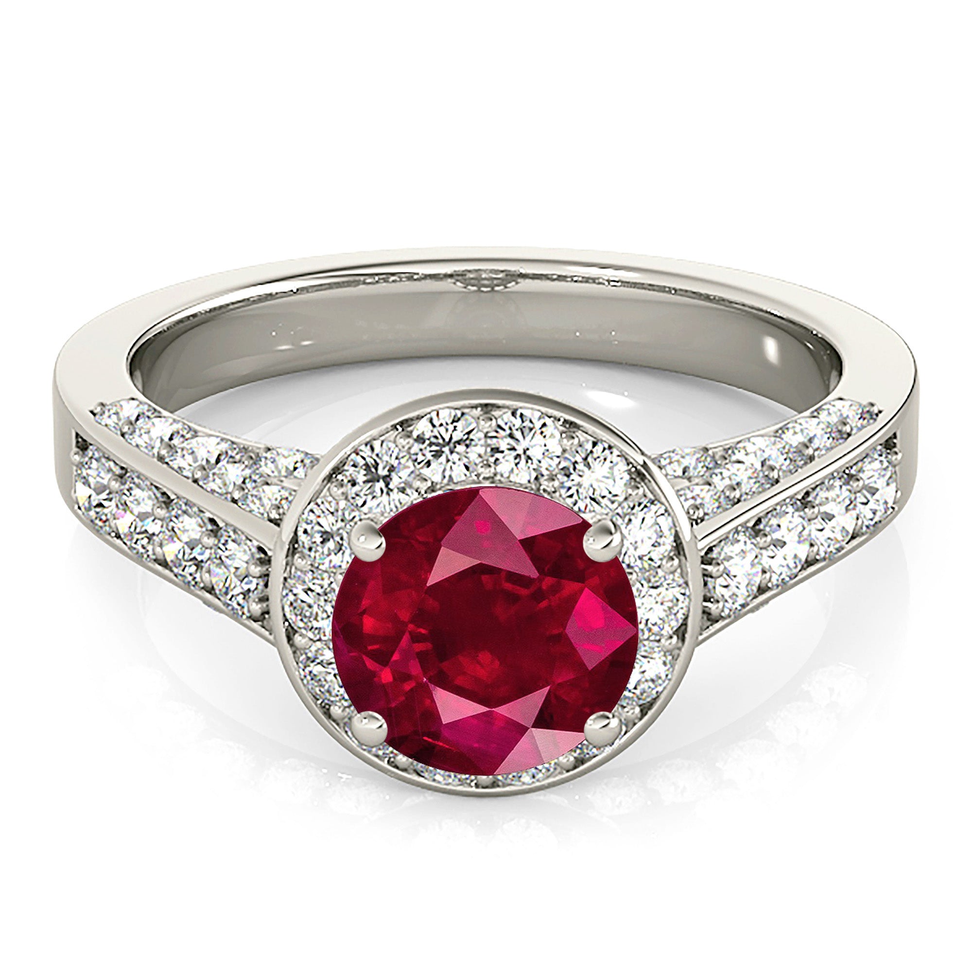 1.35 ct. Genuine Ruby Ring With 0.75 ctw. Diamond Halo And Side Accent Diamonds, Fancy Ring-VIRABYANI