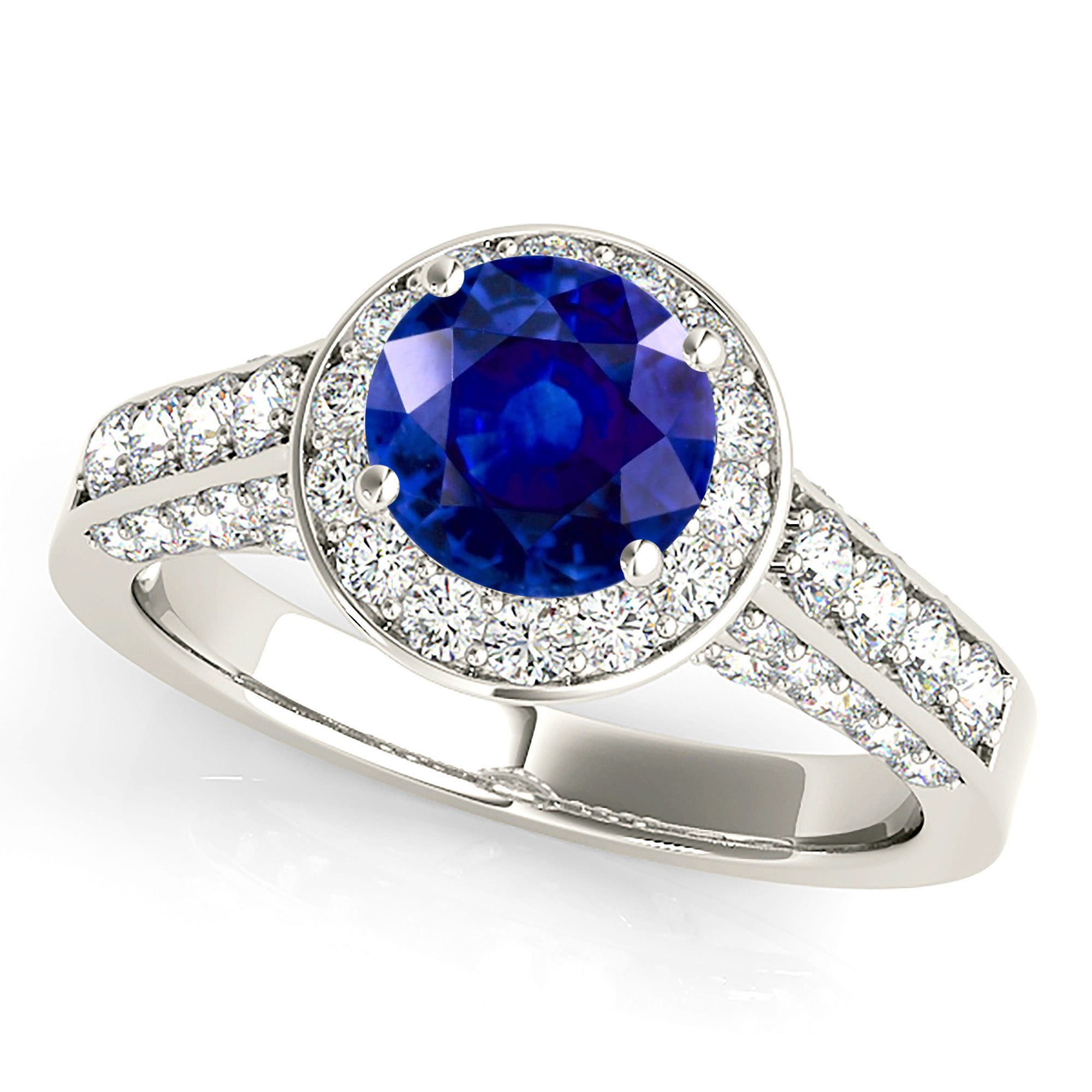 1.35 ct. Genuine Blue Sapphire Prong Set Halo Ring With 0.75 ctw. Under Halo, Accent and Side Diamonds-VIRABYANI