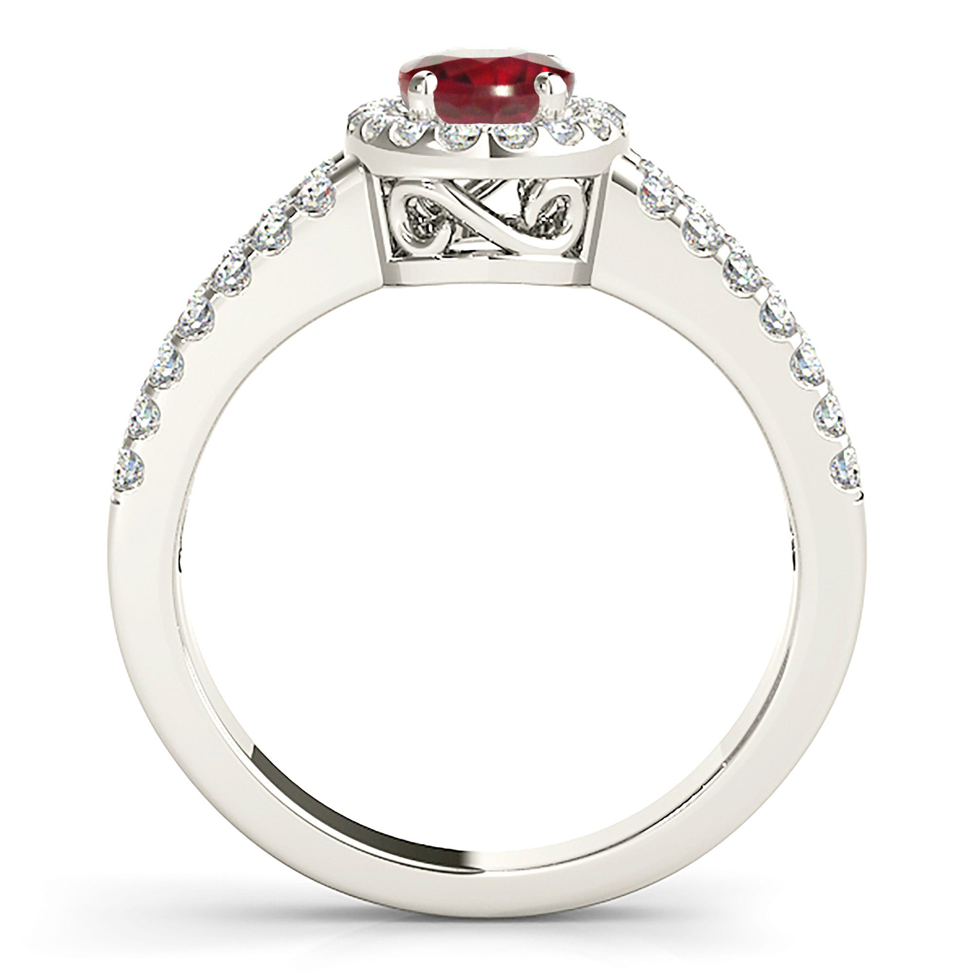 2.07 ct. Genuine Oval Ruby Ring With 0.50 ctw. Diamond Halo And Diamond Split Shank, Swirl Basket-VIRABYANI