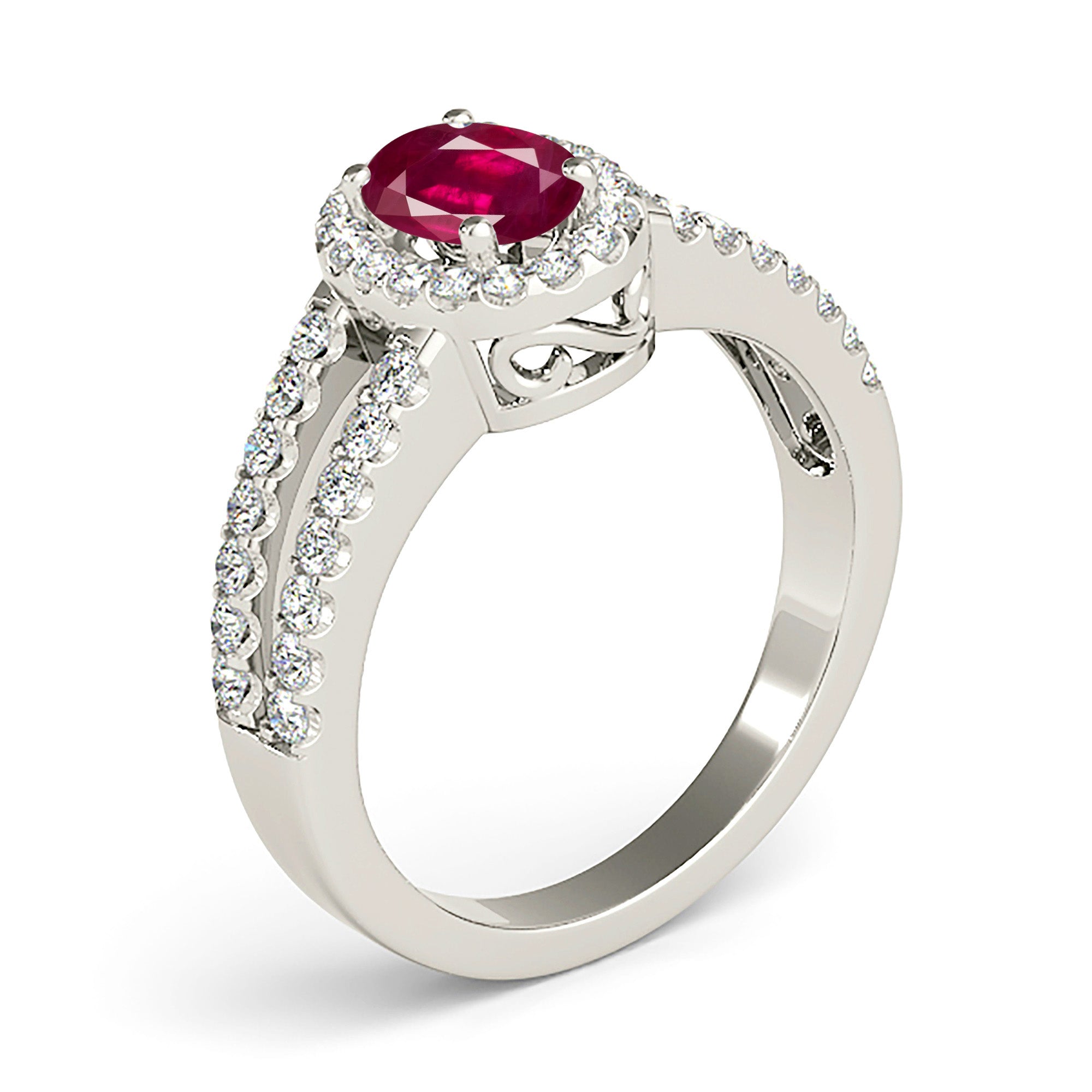 2.07 ct. Genuine Oval Ruby Ring With 0.50 ctw. Diamond Halo And Diamond Split Shank, Swirl Basket-VIRABYANI