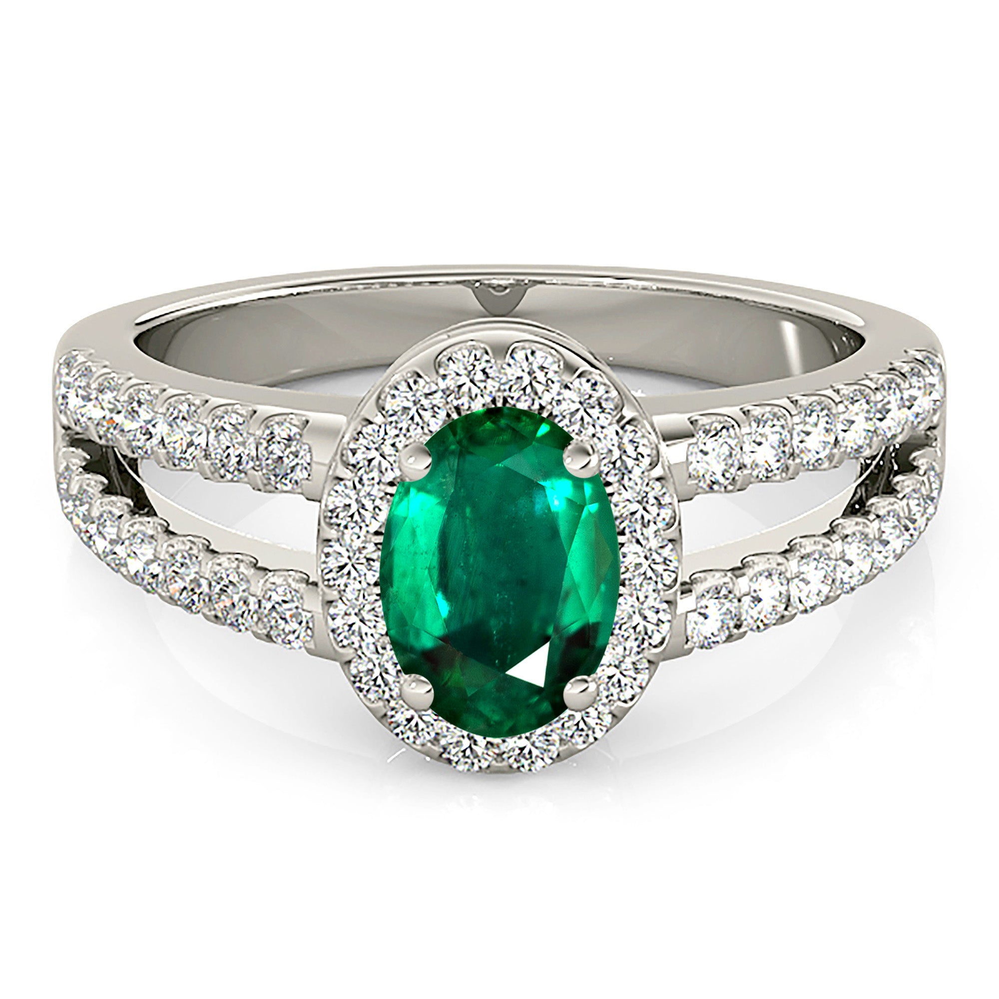 2.00 ct. Genuine Oval Emerald Ring With 0.50 ctw. Diamond Halo and Diamond Split Shank-VIRABYANI