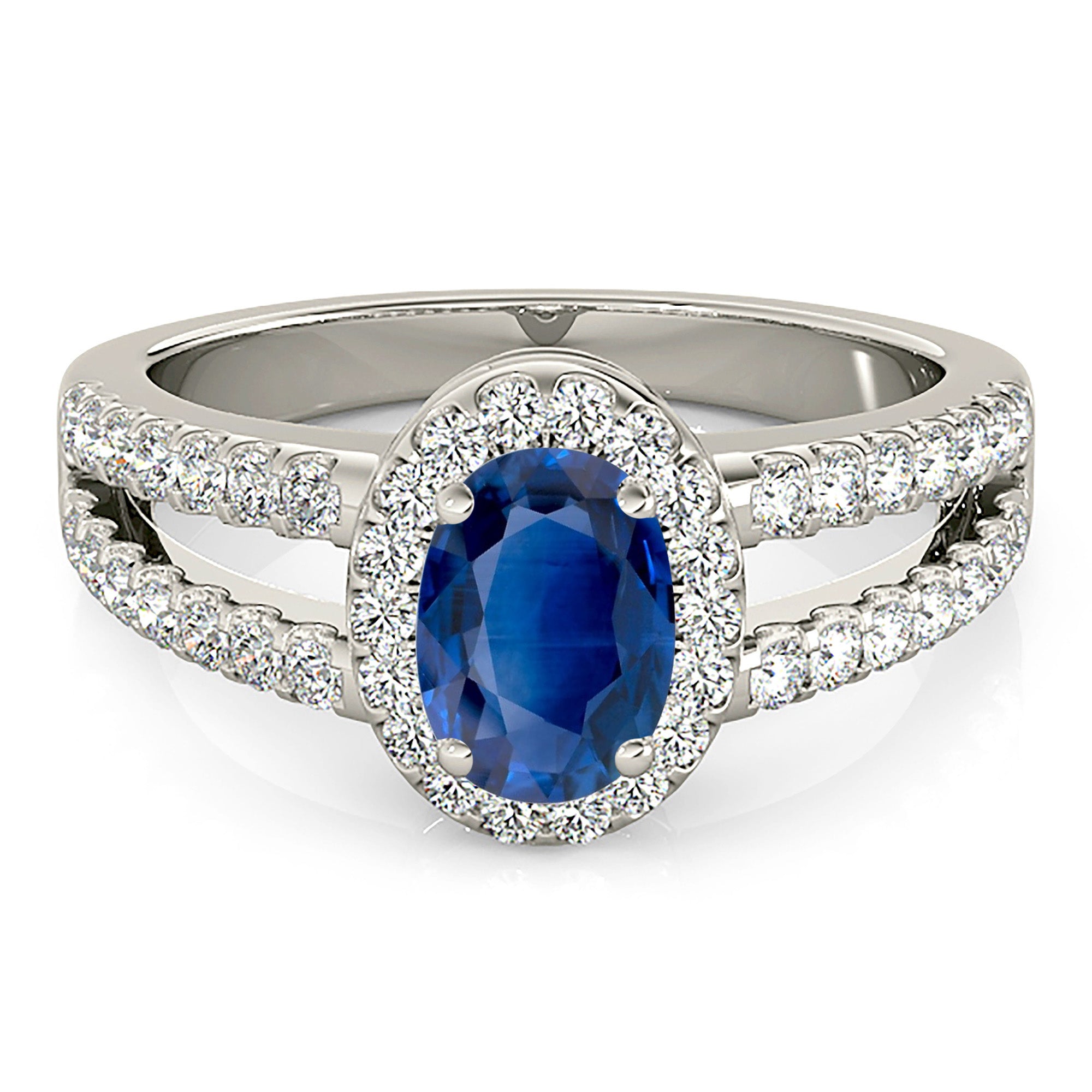 2.09 ct. Genuine Blue Oval Sapphire Ring With 0.50 ctw. Diamond Halo, Open Split Diamond Shank | Natural Sapphire And Diamond Gemstone Ring-VIRABYANI