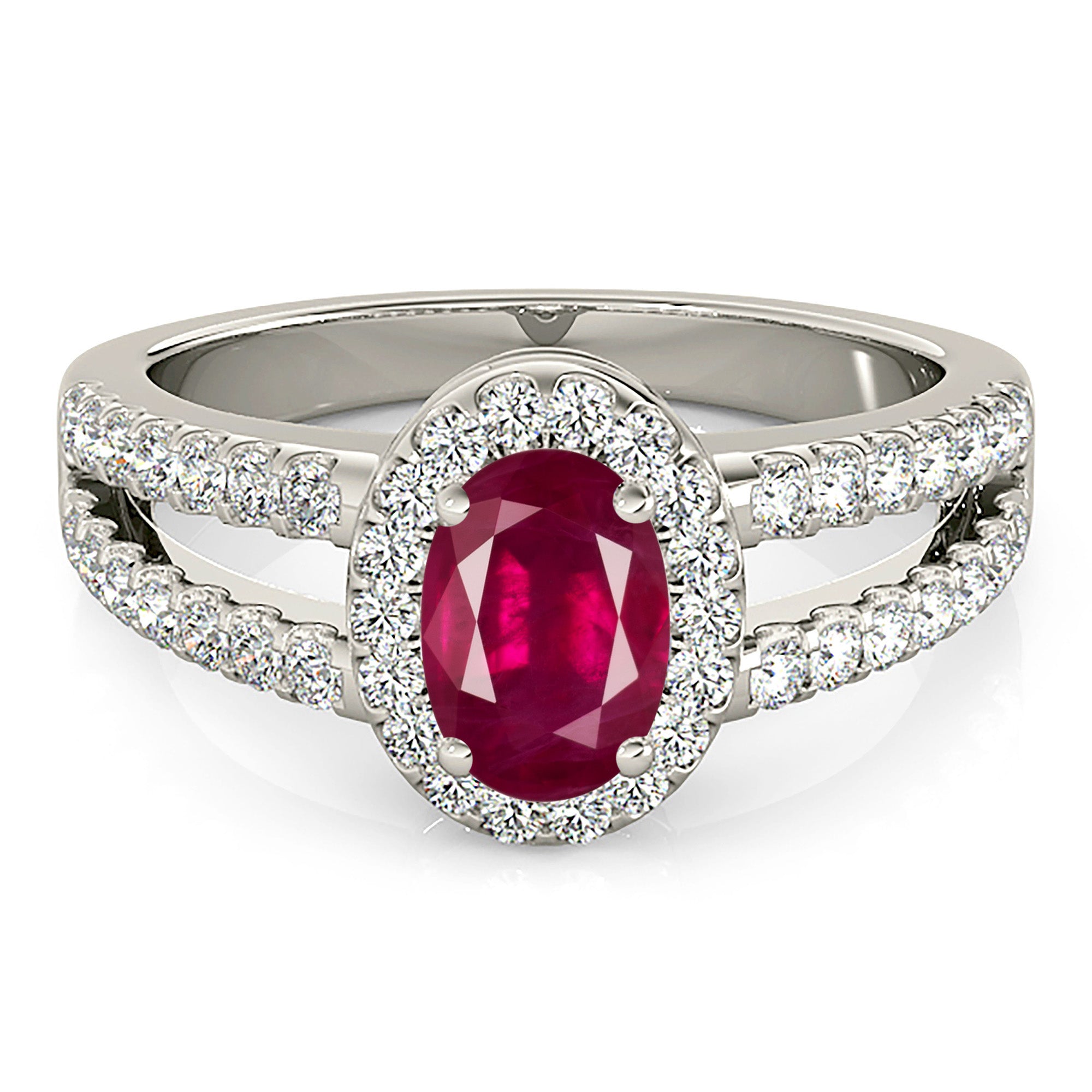 2.07 ct. Genuine Oval Ruby Ring With 0.50 ctw. Diamond Halo And Diamond Split Shank, Swirl Basket-VIRABYANI