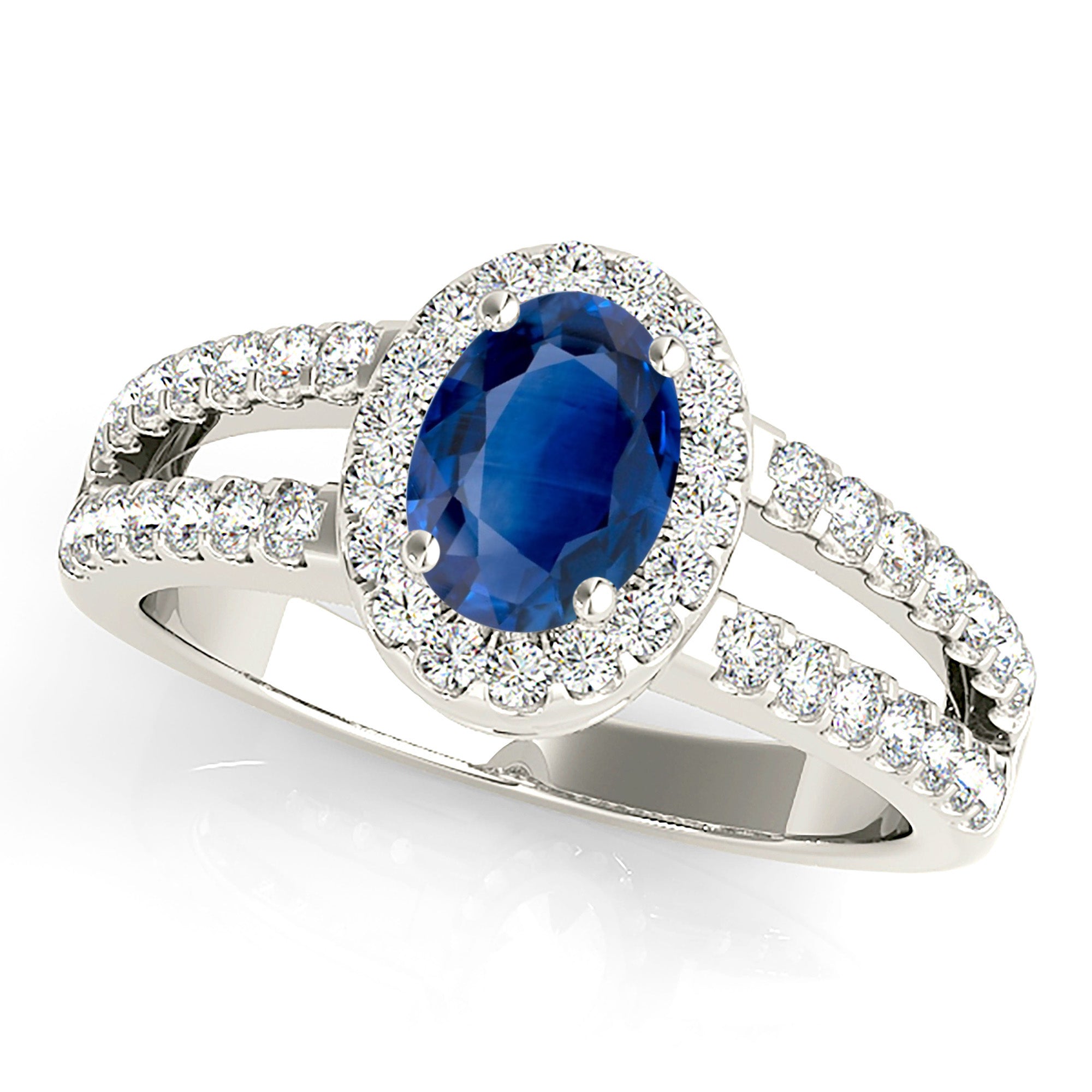 2.09 ct. Genuine Blue Oval Sapphire Ring With 0.50 ctw. Diamond Halo, Open Split Diamond Shank | Natural Sapphire And Diamond Gemstone Ring-VIRABYANI