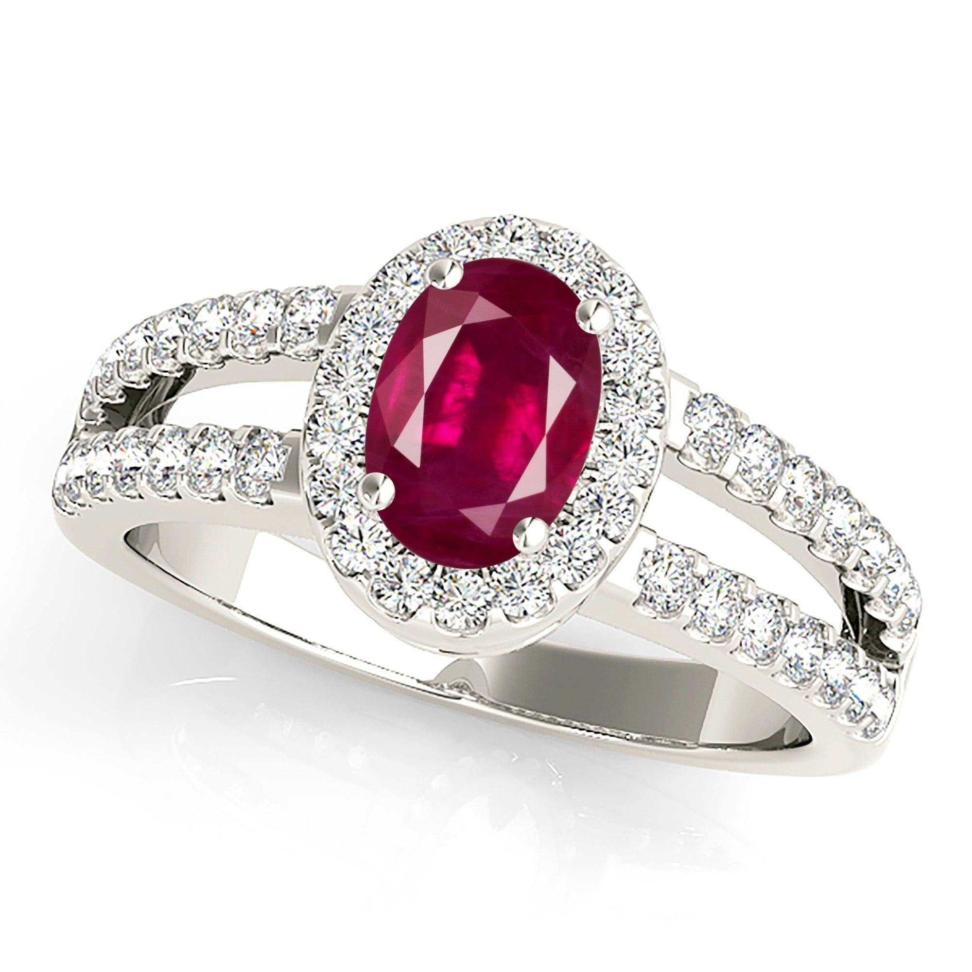 2.07 ct. Genuine Oval Ruby Ring With 0.50 ctw. Diamond Halo And Diamond Split Shank, Swirl Basket-VIRABYANI