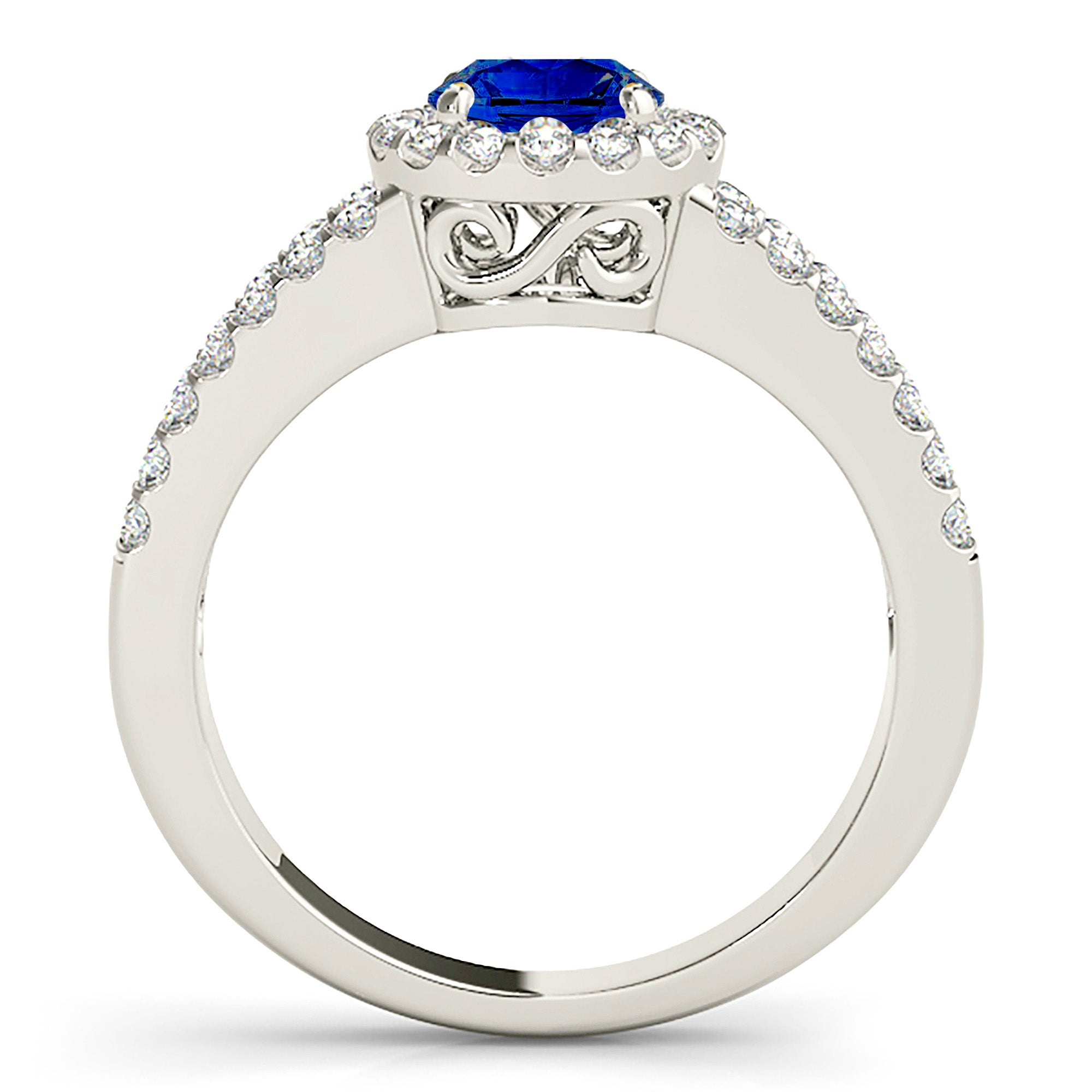 1.46 ct. Genuine Blue Sapphire Split Shank Halo Ring With 0.50 ctw. Side Diamonds-VIRABYANI