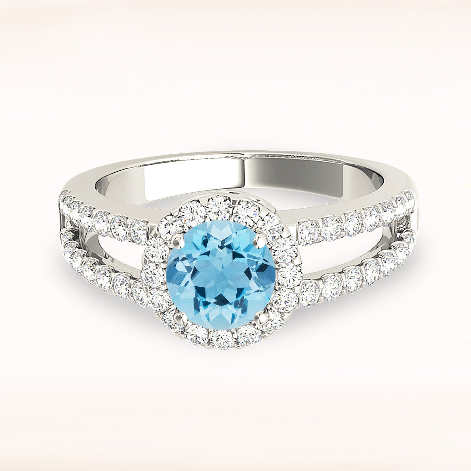 1.63 ct. Genuine Aquamarine Ring With 0.50 ctw. Diamond Wide Open Split Shank | Round Blue Aquamarine Halo Ring-VIRABYANI