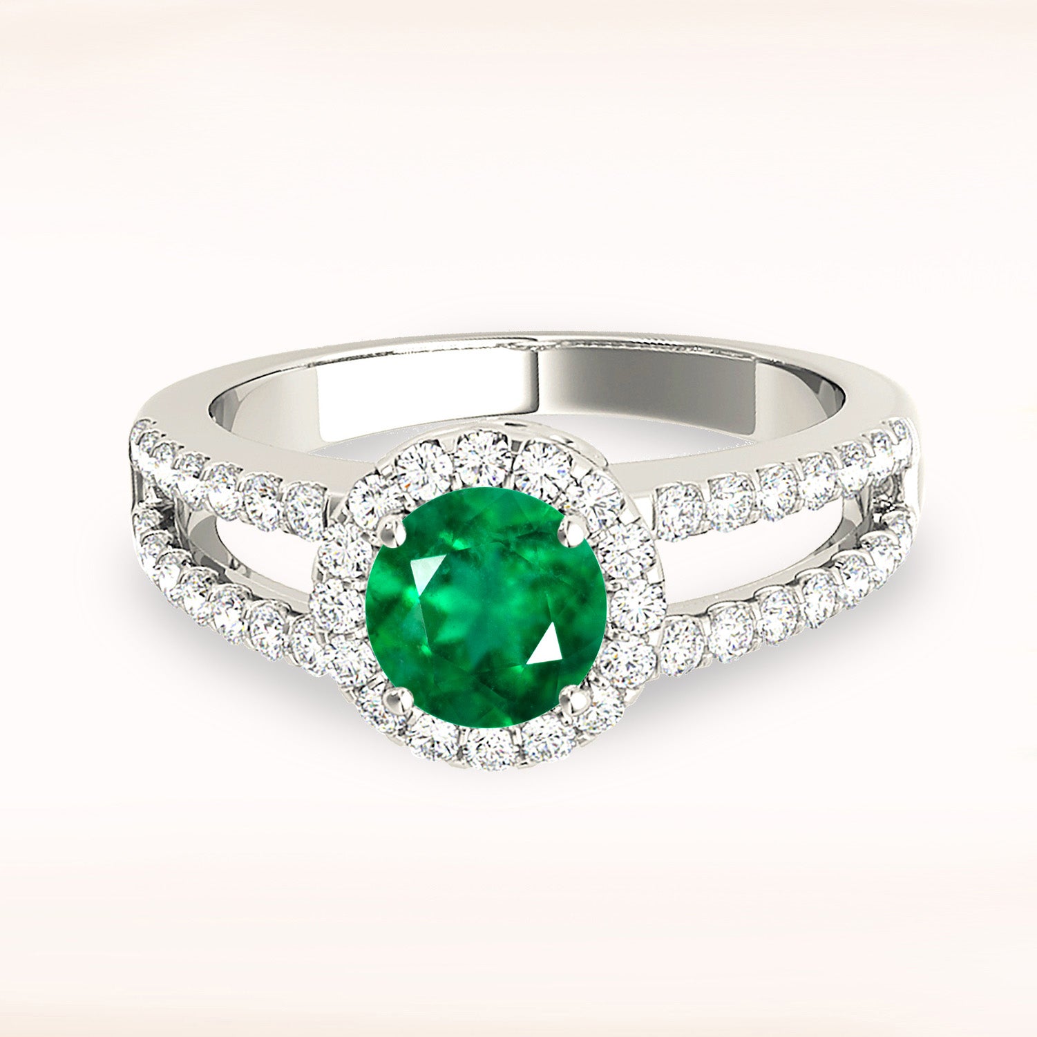 1.68 ct. Genuine Emerald Ring with 0.50 ctw. Diamond Halo, Wide Split Diamond Band,Swirl Bridge-VIRABYANI