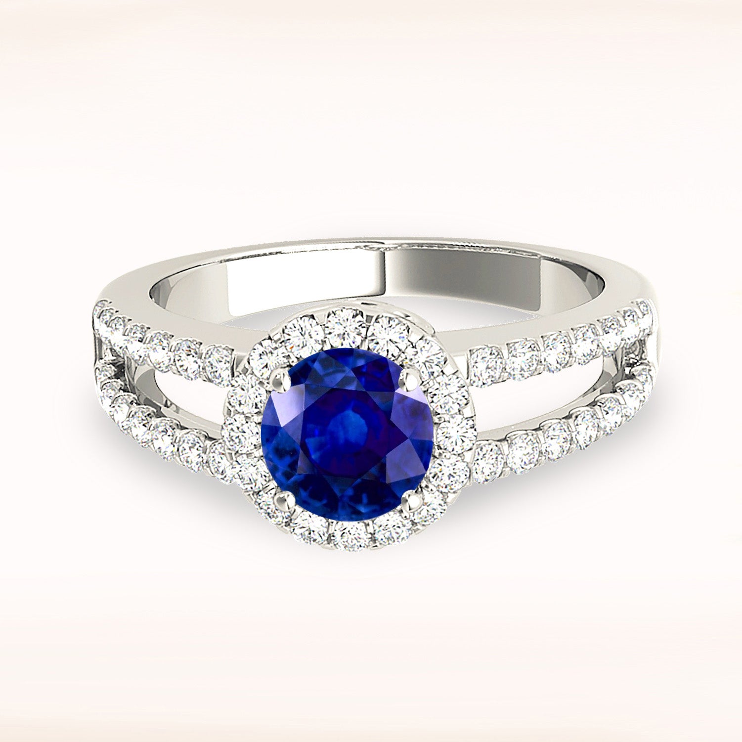 1.46 ct. Genuine Blue Sapphire Split Shank Halo Ring With 0.50 ctw. Side Diamonds-VIRABYANI