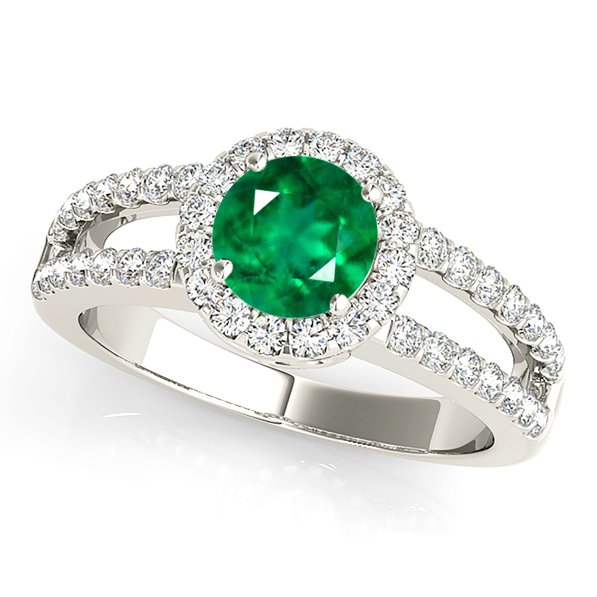 1.68 ct. Genuine Emerald Ring with 0.50 ctw. Diamond Halo, Wide Split Diamond Band,Swirl Bridge-VIRABYANI