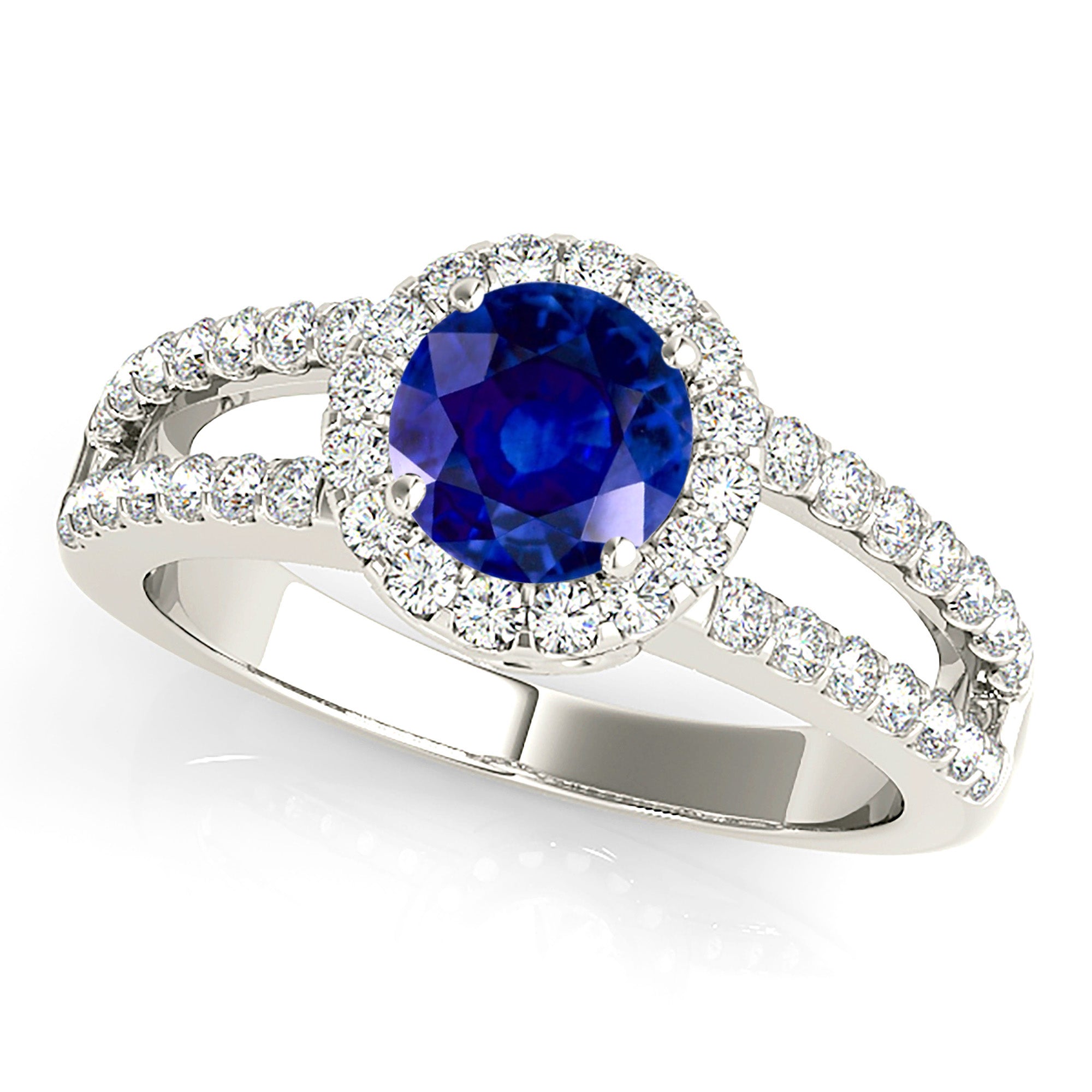 1.46 ct. Genuine Blue Sapphire Split Shank Halo Ring With 0.50 ctw. Side Diamonds-VIRABYANI