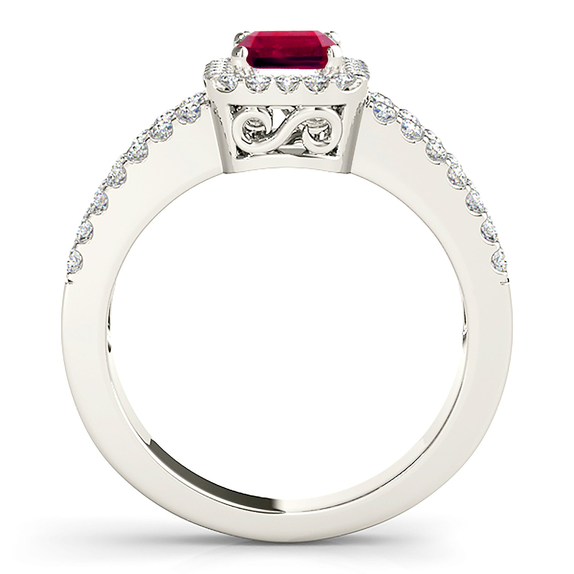 1.20 ct. Genuine Emerald Cut Ruby Ring With 0.50 ctw. Diamond Halo and Split Diamond Shank-VIRABYANI