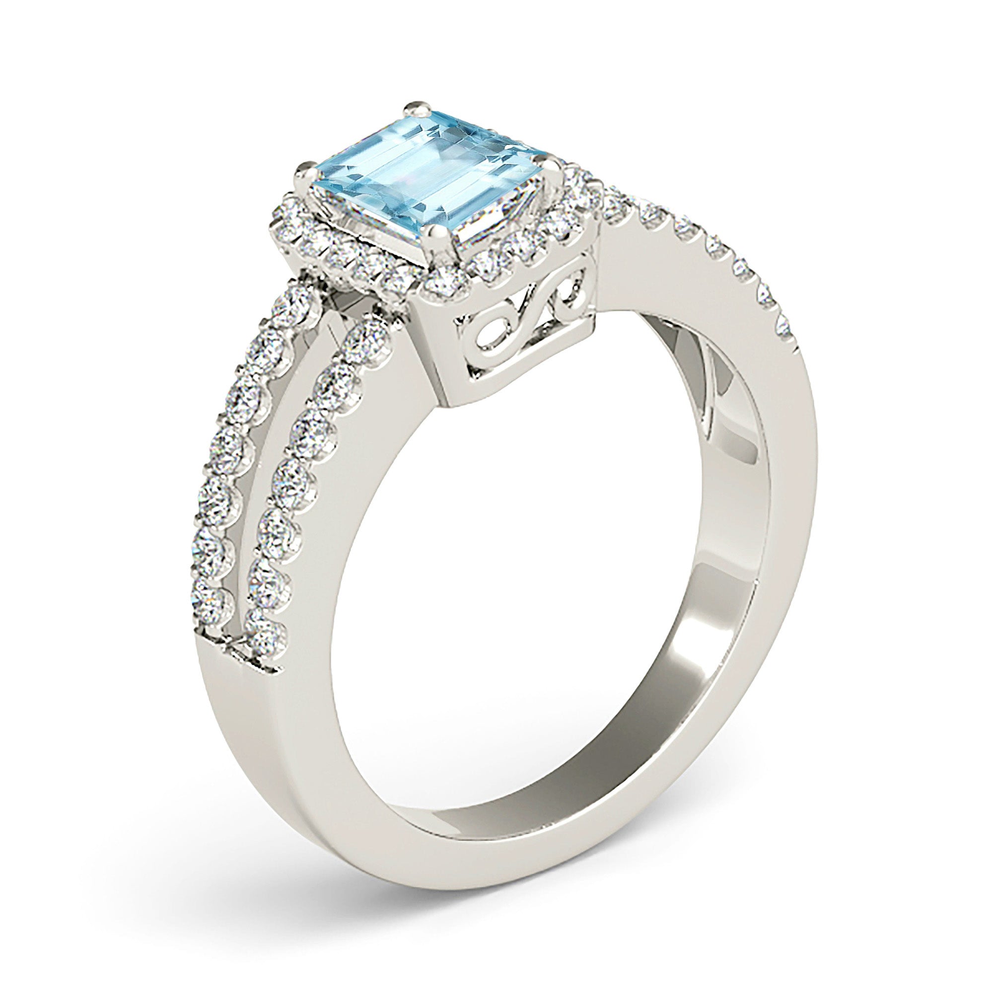 1.00 ct. Genuine Emerald Cut Aquamarine Ring With 0.50 ctw. Diamond Halo And Diamond Split Shank | Emerald Cut Blue Aquamarine Halo Ring-VIRABYANI