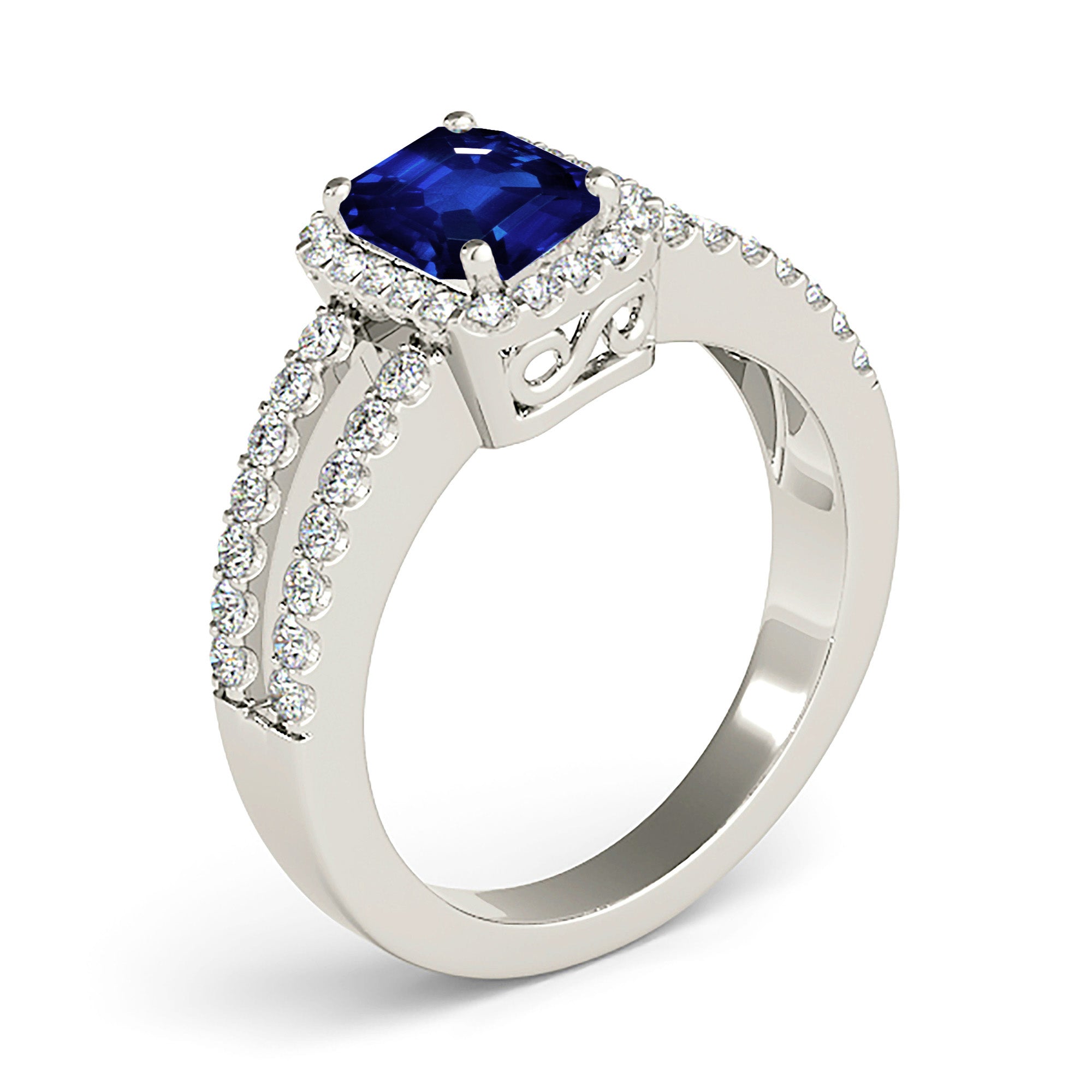 1.15 ct. Genuine Blue Emerald Cut Sapphire Ring With 0.50 ctw. Diamond Halo, Split Open Diamond Shank | Natural Sapphire And Diamond Ring-in 14K/18K White, Yellow, Rose Gold and Platinum - Christmas Jewelry Gift -VIRABYANI