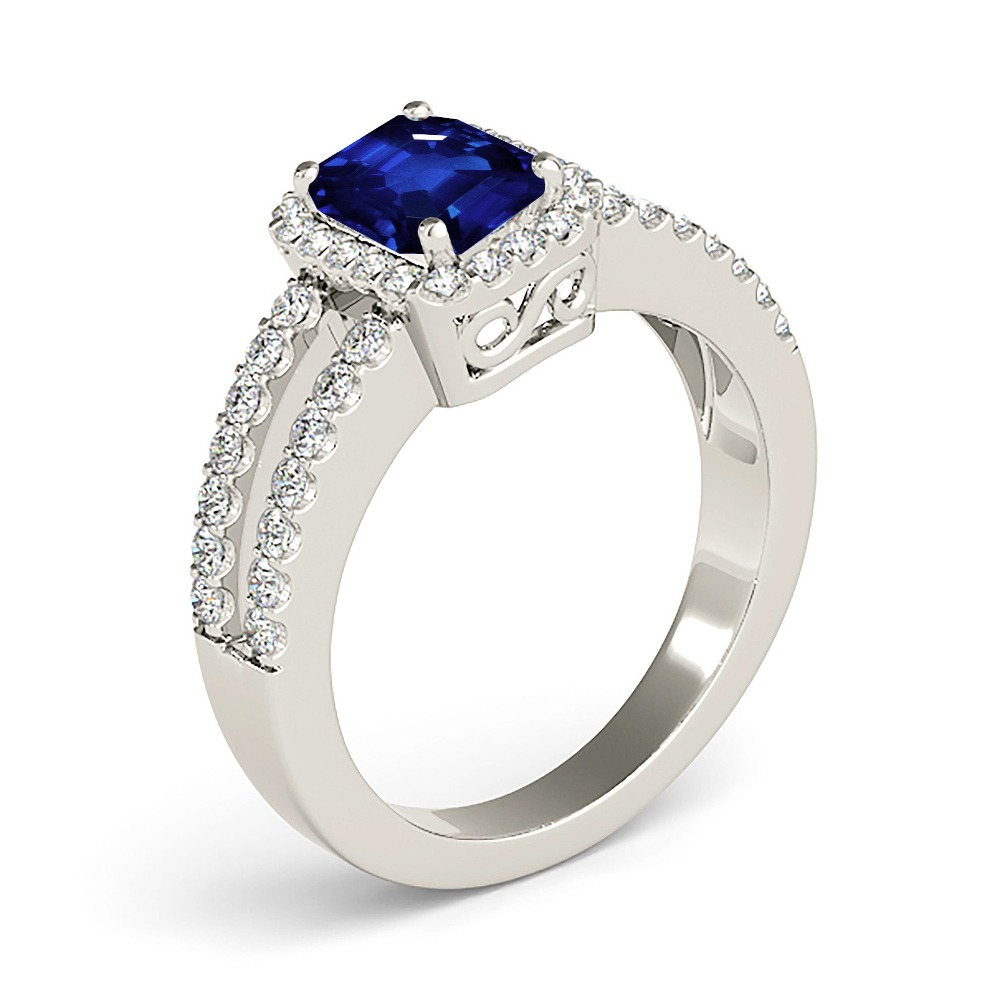 1.15 ct. Genuine Blue Emerald Cut Sapphire Ring With 0.50 ctw. Diamond Halo, Split Open Diamond Shank | Natural Sapphire And Diamond Ring-VIRABYANI