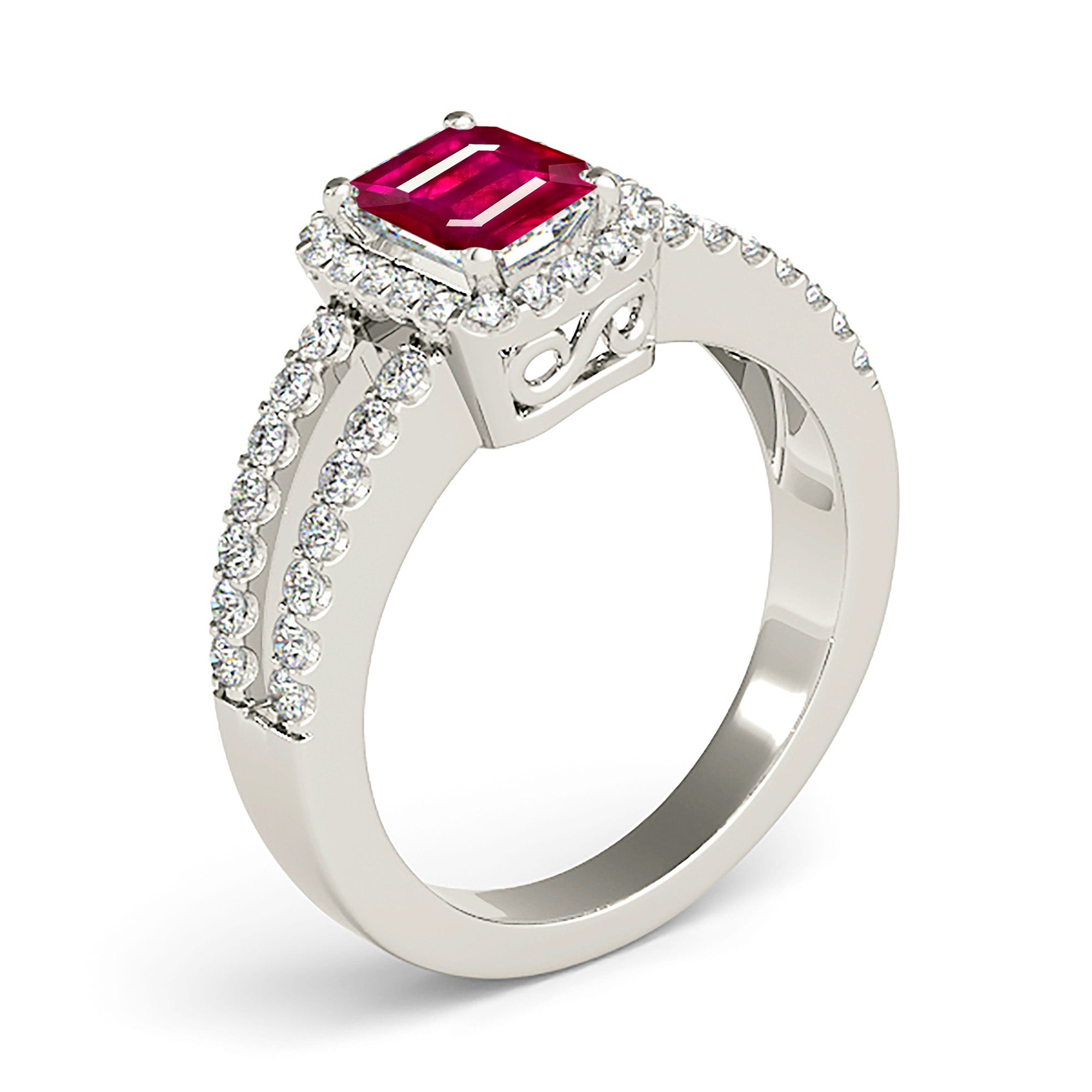 1.20 ct. Genuine Emerald Cut Ruby Ring With 0.50 ctw. Diamond Halo and Split Diamond Shank-VIRABYANI