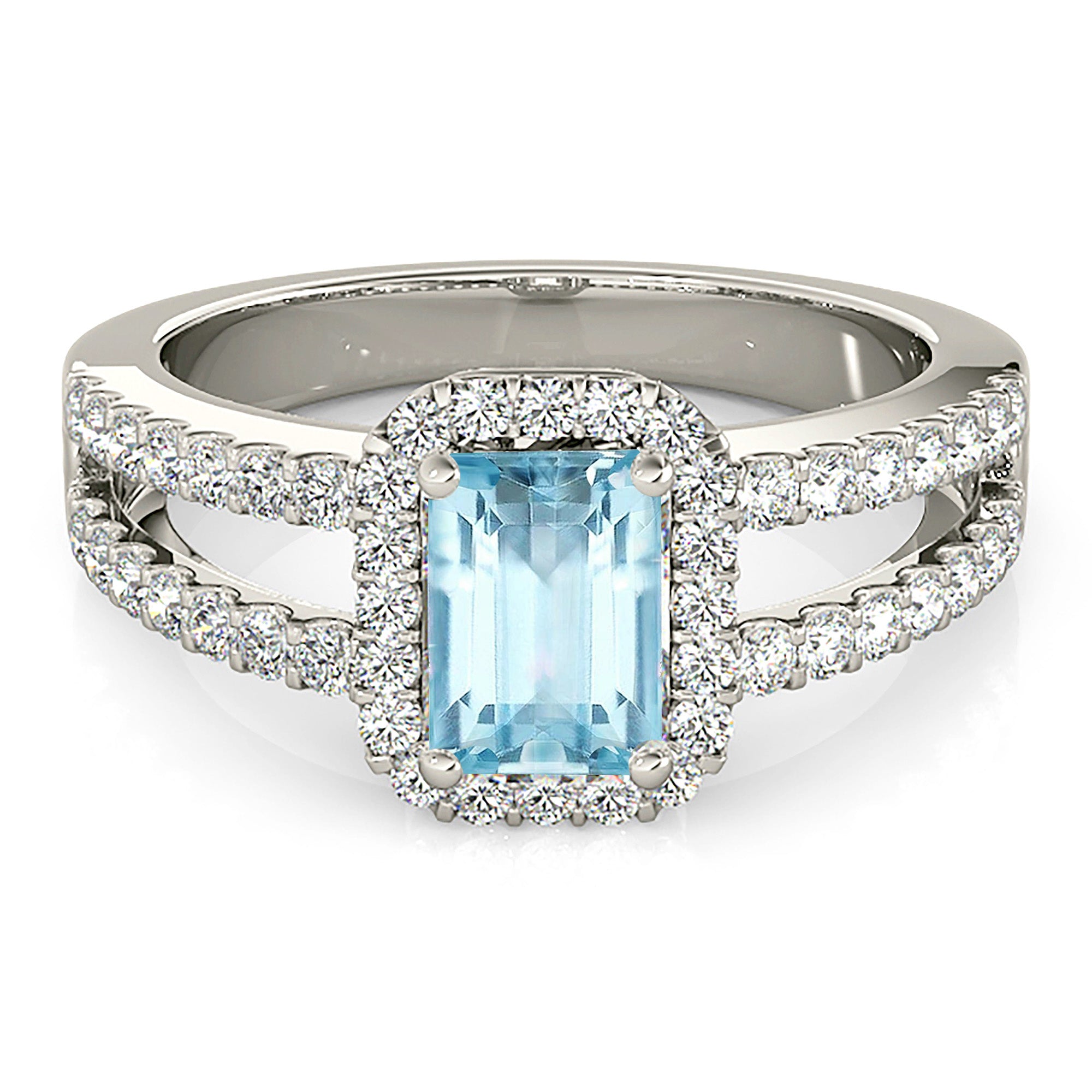 1.00 ct. Genuine Emerald Cut Aquamarine Ring With 0.50 ctw. Diamond Halo And Diamond Split Shank | Emerald Cut Blue Aquamarine Halo Ring-VIRABYANI