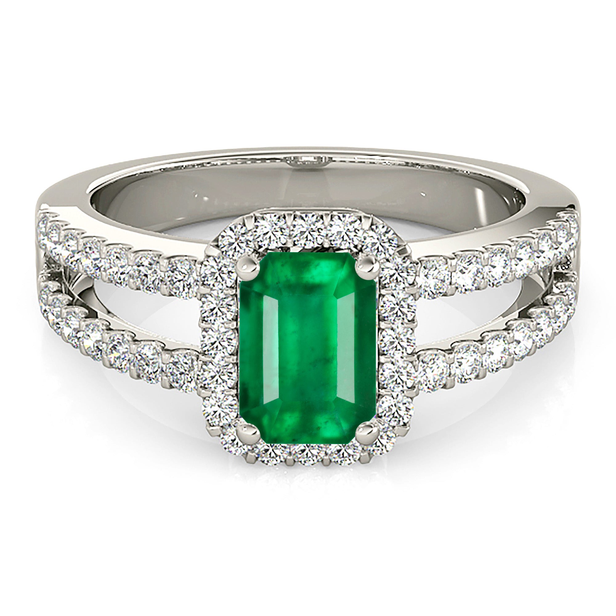 1.00 ct. Genuine Emerald Ring With 0.50 ctw. Diamond Halo and Diamond Split Shank-VIRABYANI