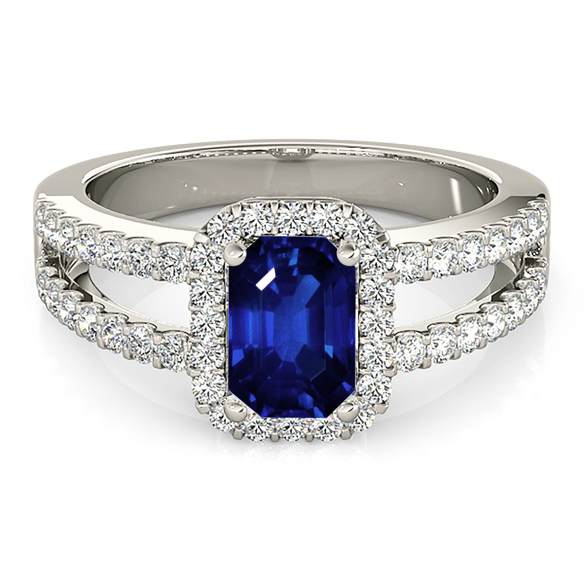 1.15 ct. Genuine Blue Emerald Cut Sapphire Ring With 0.50 ctw. Diamond Halo, Split Open Diamond Shank | Natural Sapphire And Diamond Ring-VIRABYANI