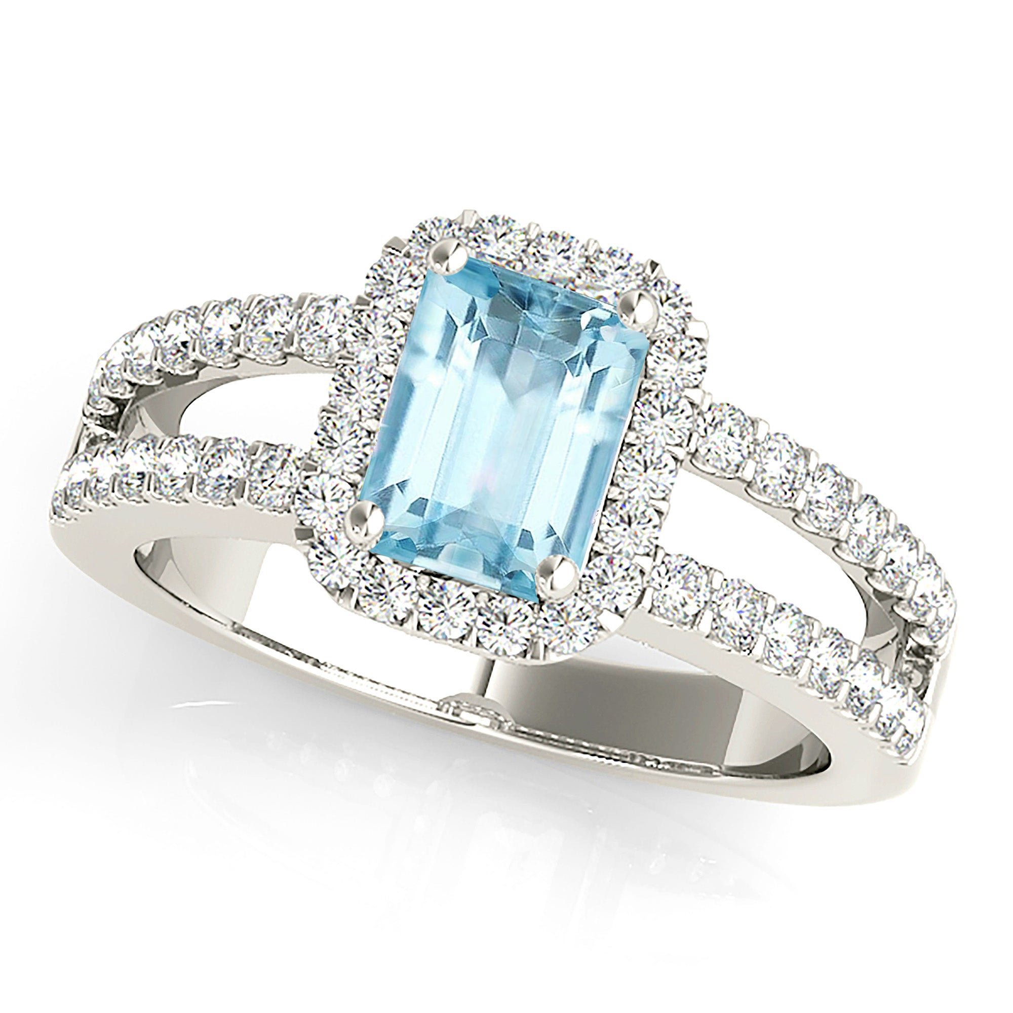 1.00 ct. Genuine Emerald Cut Aquamarine Ring With 0.50 ctw. Diamond Halo And Diamond Split Shank | Emerald Cut Blue Aquamarine Halo Ring-VIRABYANI