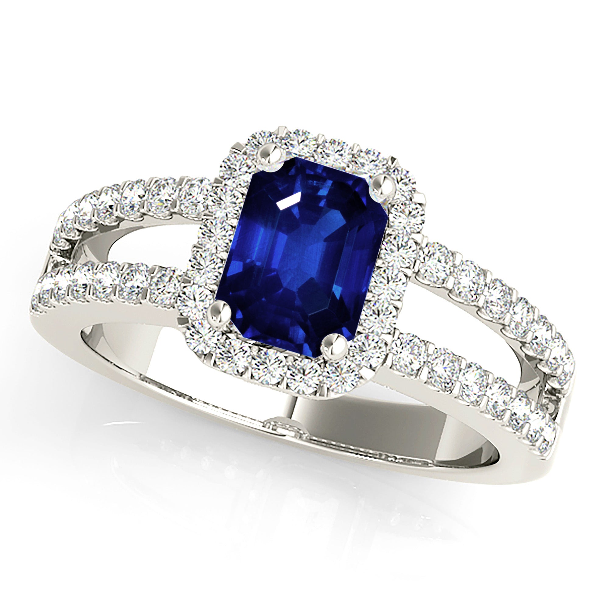 1.15 ct. Genuine Blue Emerald Cut Sapphire Ring With 0.50 ctw. Diamond Halo, Split Open Diamond Shank | Natural Sapphire And Diamond Ring-VIRABYANI