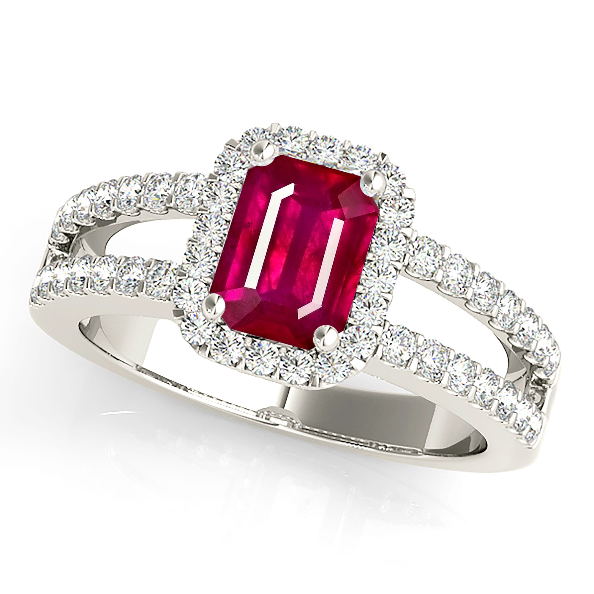 1.20 ct. Genuine Emerald Cut Ruby Ring With 0.50 ctw. Diamond Halo and Split Diamond Shank-VIRABYANI