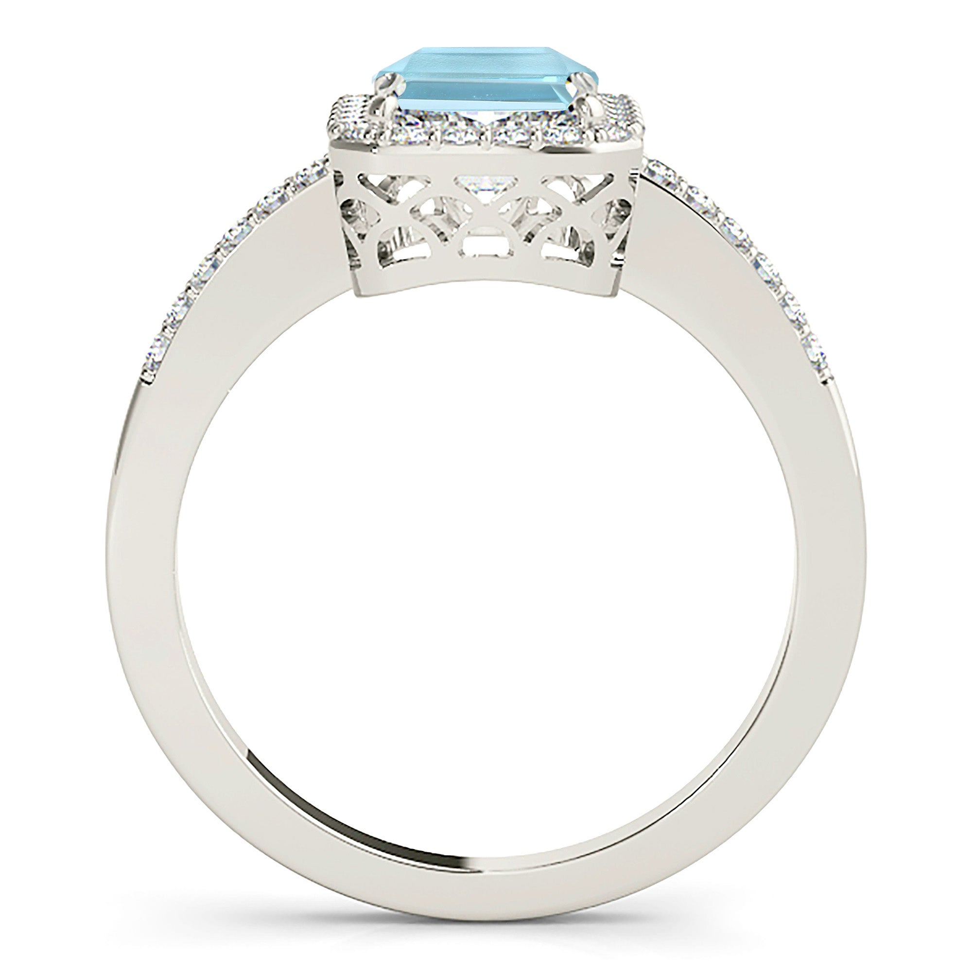 2.10 ct. Genuine Emerald Cut Aquamarine Ring With 0.25 ctw. Diamond Halo And Delicate Diamond Band | Emerald Cut Blue Aquamarine Halo Ring-VIRABYANI