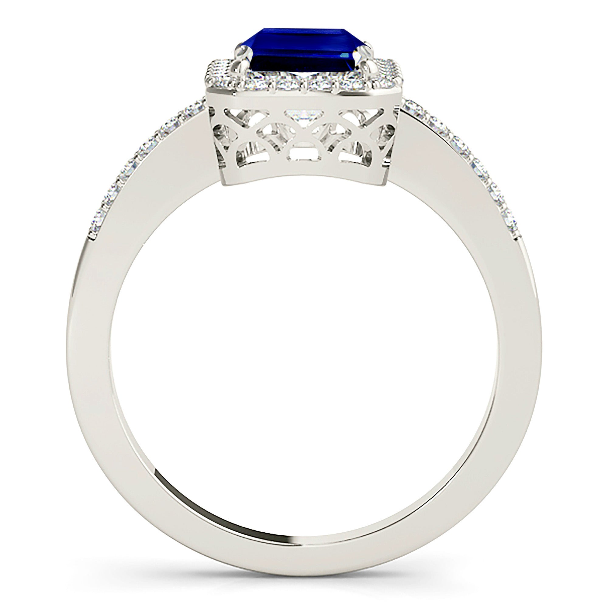 2.30 ct. Genuine Blue, Emerald Cut Sapphire Ring With 0.25 ctw. Diamond Halo, Delicate Diamond Band | Natural Sapphire And Diamond Ring-VIRABYANI