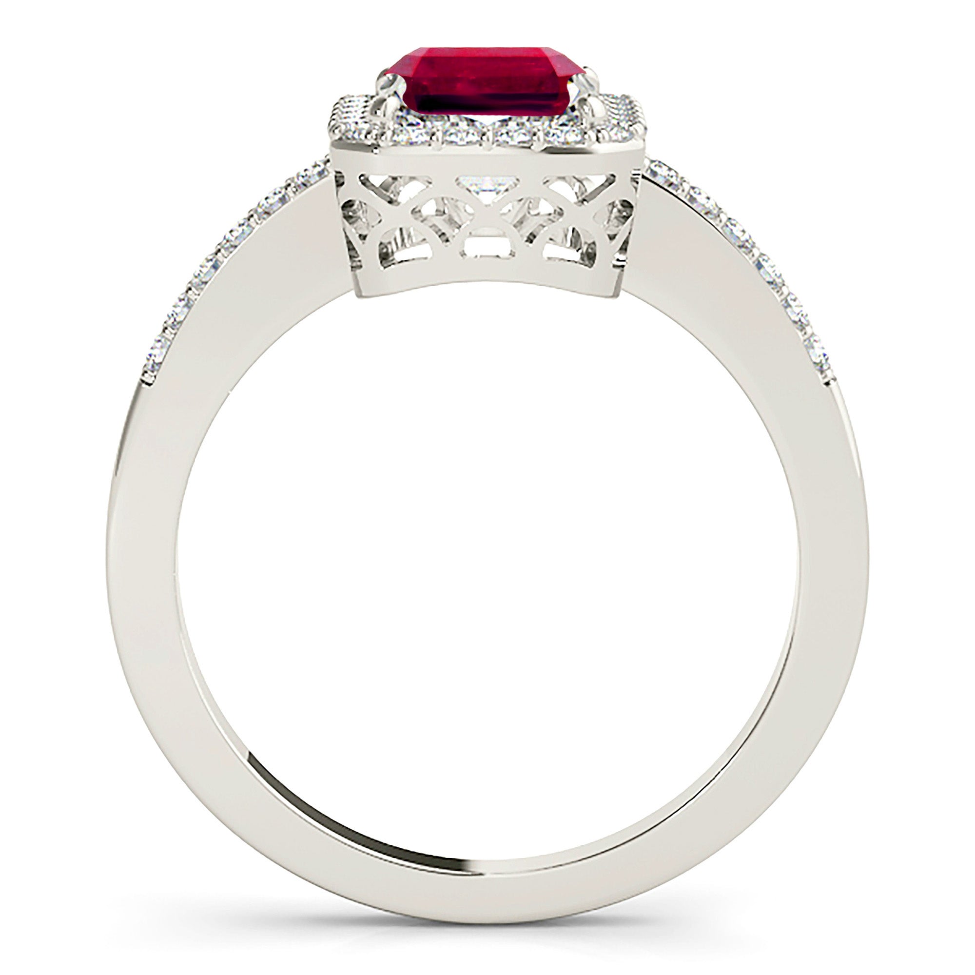 2.30 ct. Genuine Emerald Cut Ruby Ring With 0.25 ctw. Diamond Halo And Delicate Diamond Band-VIRABYANI