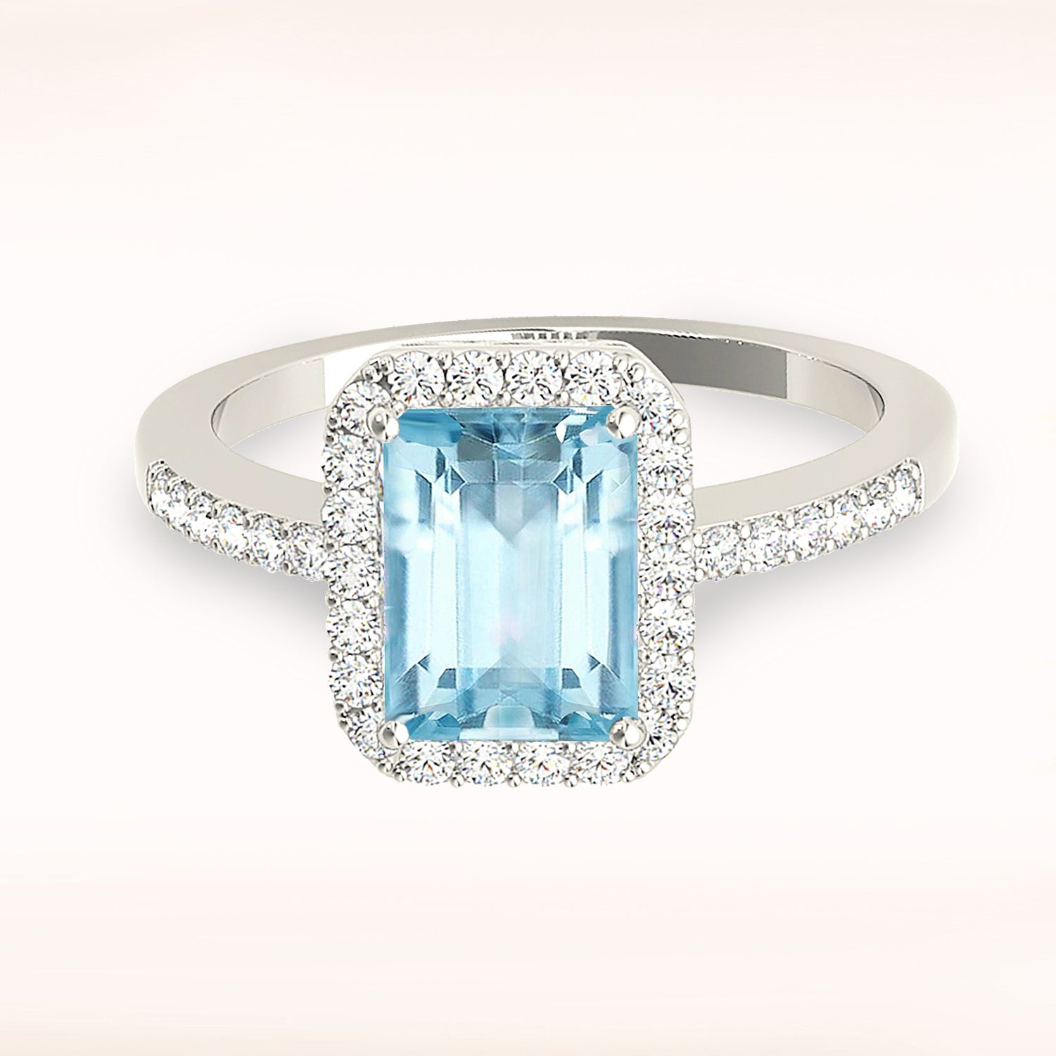 2.10 ct. Genuine Emerald Cut Aquamarine Ring With 0.25 ctw. Diamond Halo And Delicate Diamond Band | Emerald Cut Blue Aquamarine Halo Ring-VIRABYANI