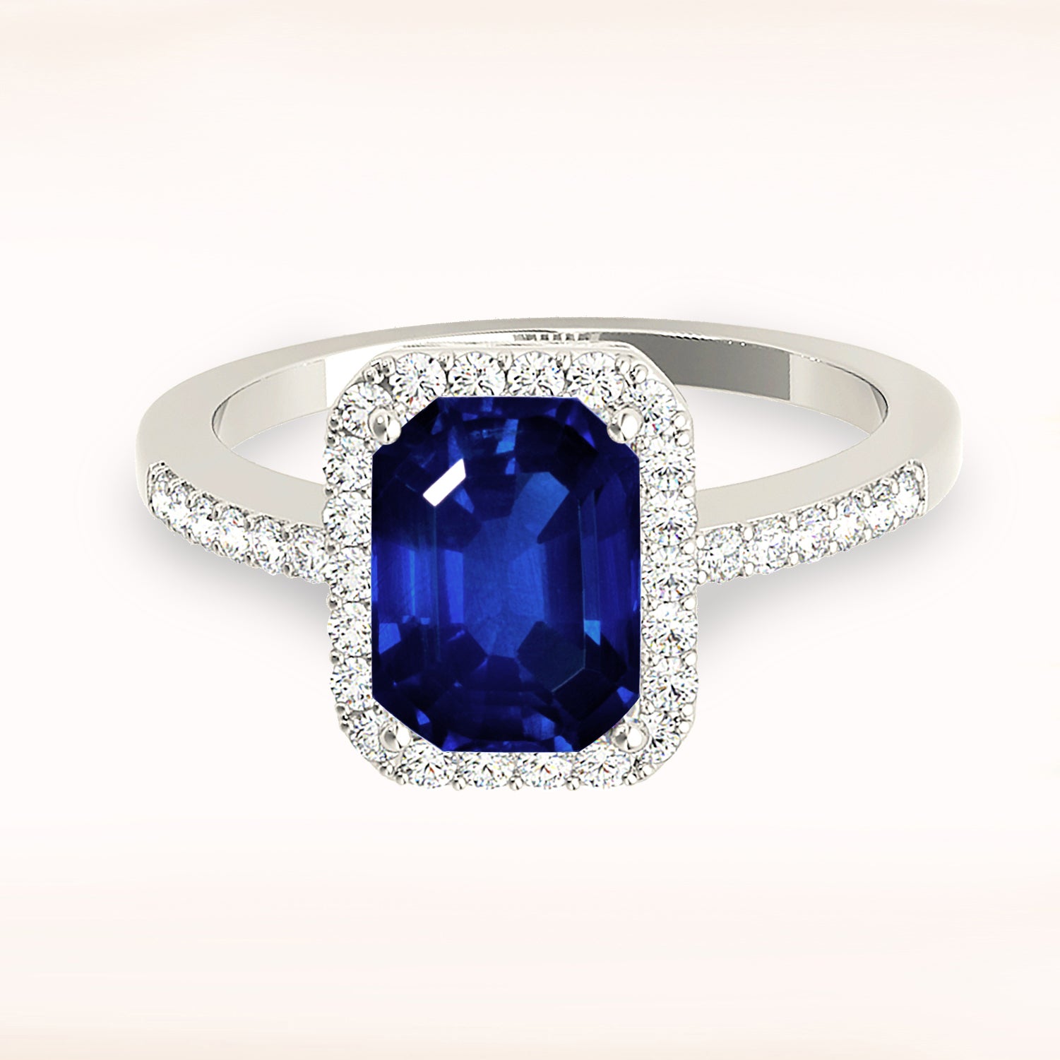 2.30 ct. Genuine Blue, Emerald Cut Sapphire Ring With 0.25 ctw. Diamond Halo, Delicate Diamond Band | Natural Sapphire And Diamond Ring-VIRABYANI