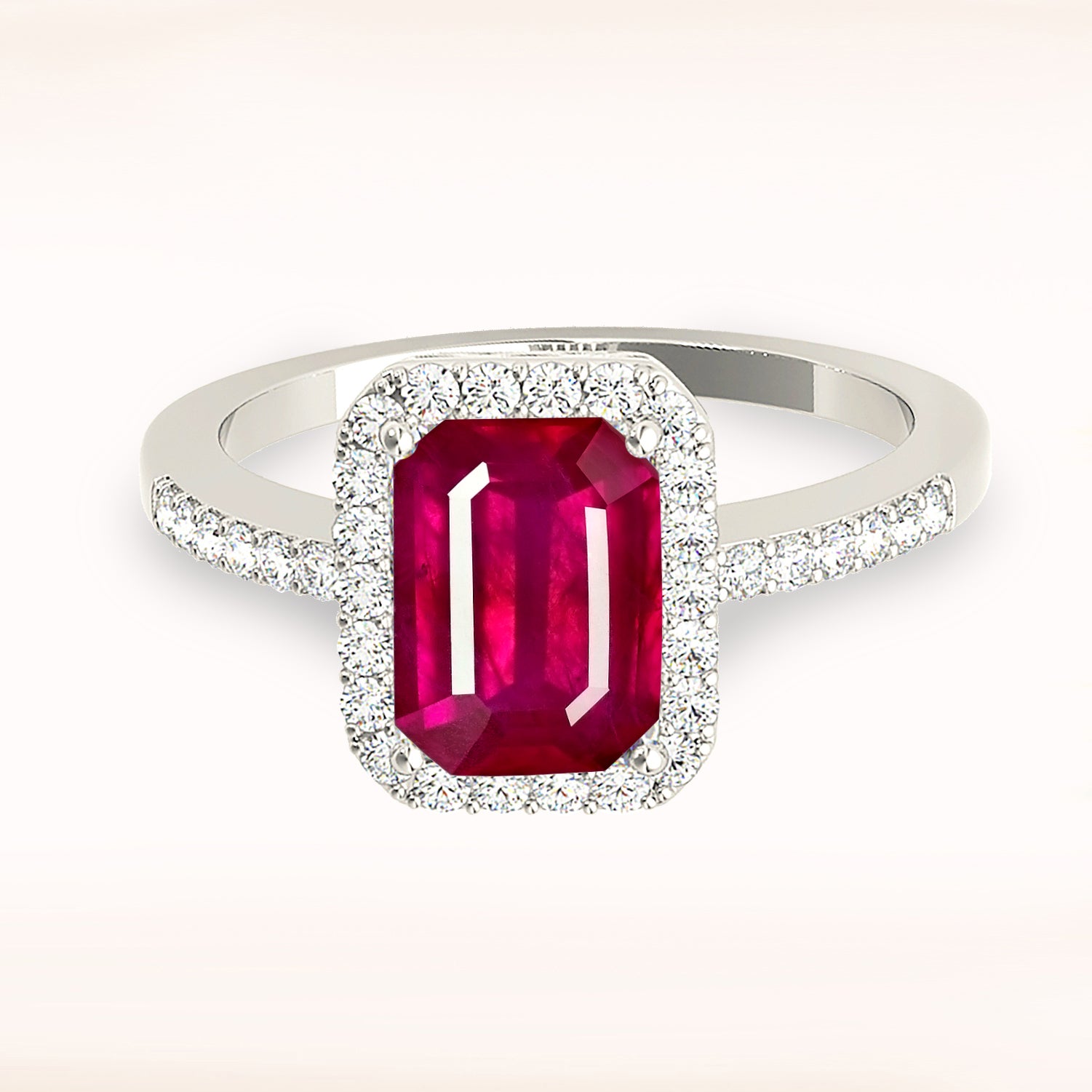 2.30 ct. Genuine Emerald Cut Ruby Ring With 0.25 ctw. Diamond Halo And Delicate Diamond Band-VIRABYANI