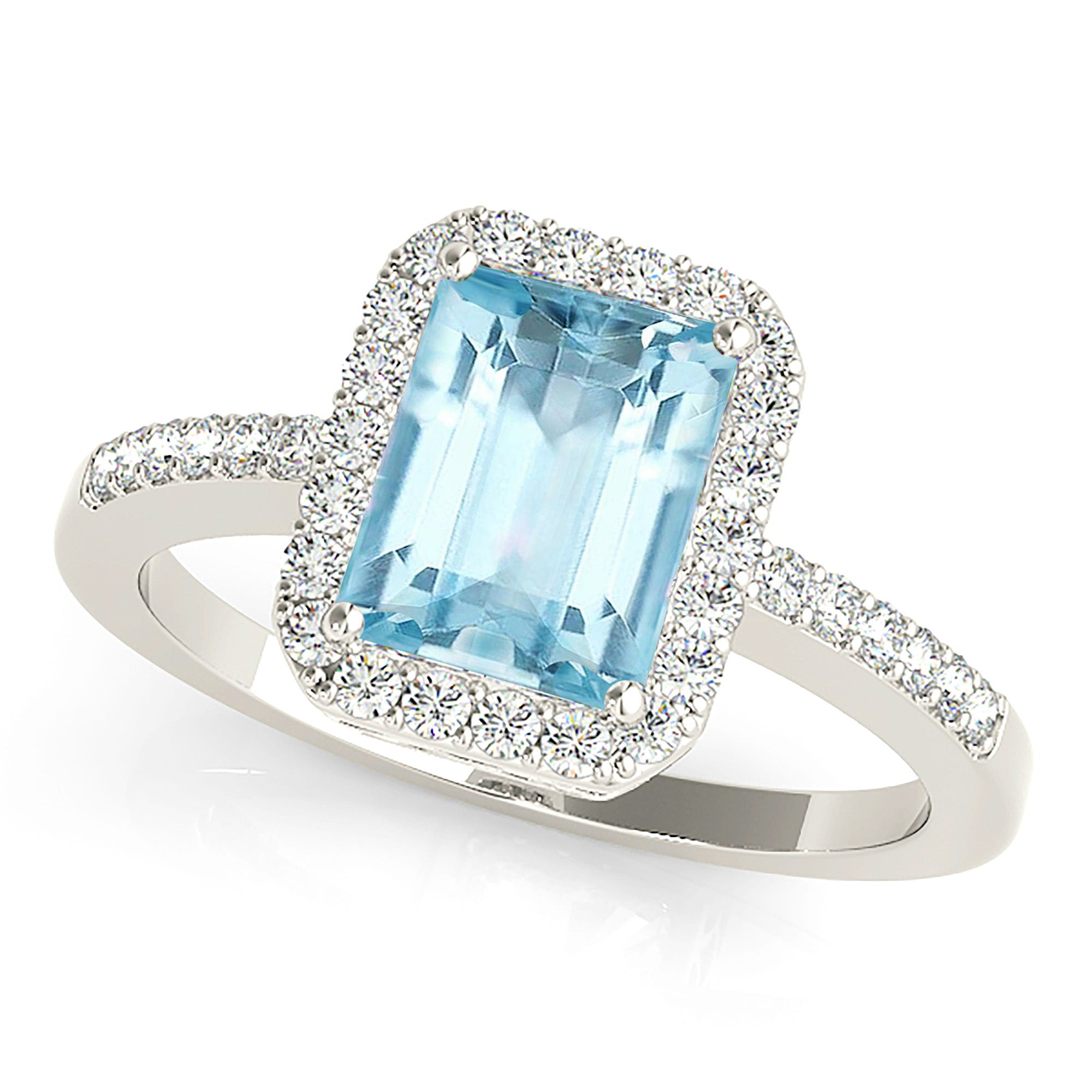 2.10 ct. Genuine Emerald Cut Aquamarine Ring With 0.25 ctw. Diamond Halo And Delicate Diamond Band | Emerald Cut Blue Aquamarine Halo Ring-VIRABYANI