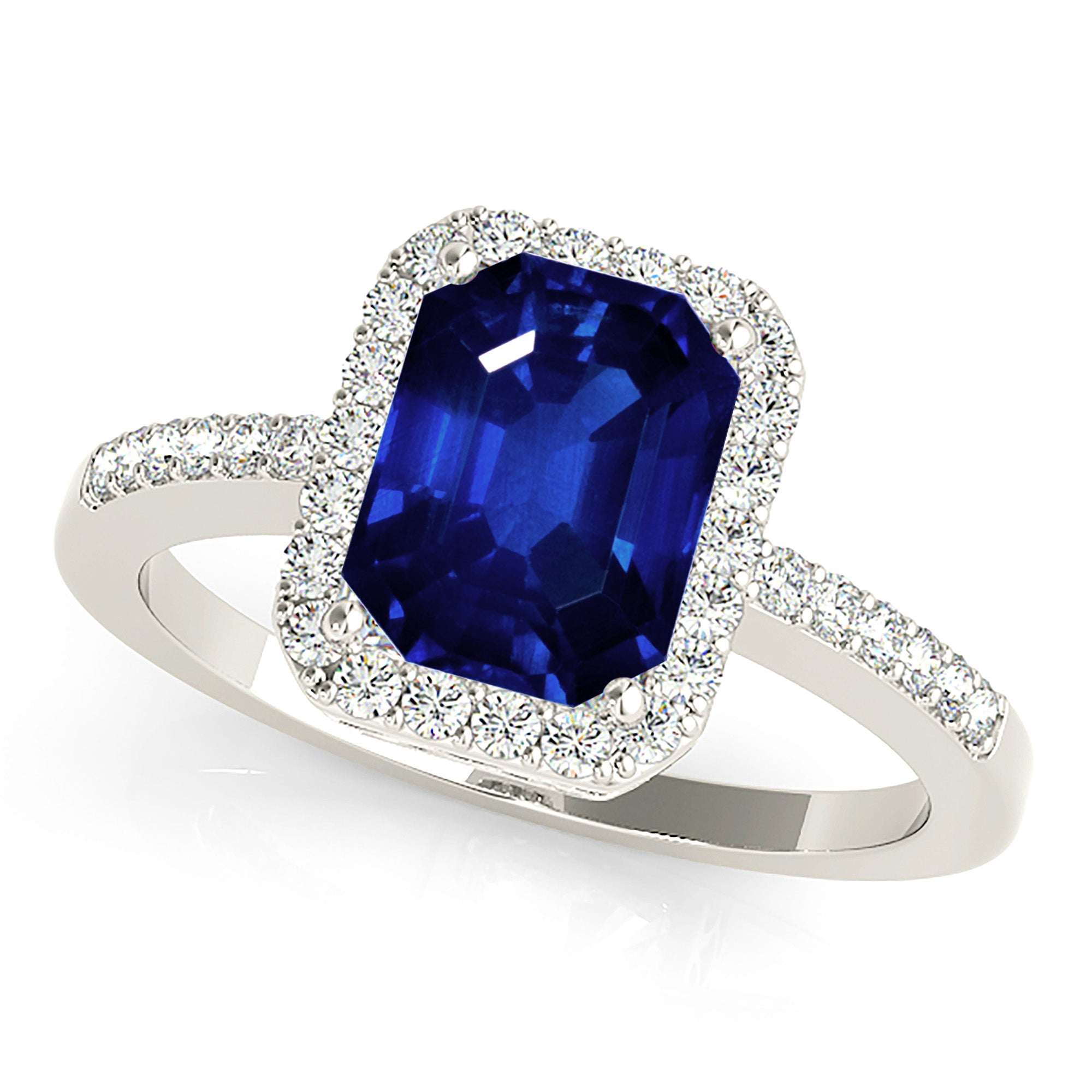 2.30 ct. Genuine Blue, Emerald Cut Sapphire Ring With 0.25 ctw. Diamond Halo, Delicate Diamond Band | Natural Sapphire And Diamond Ring-VIRABYANI